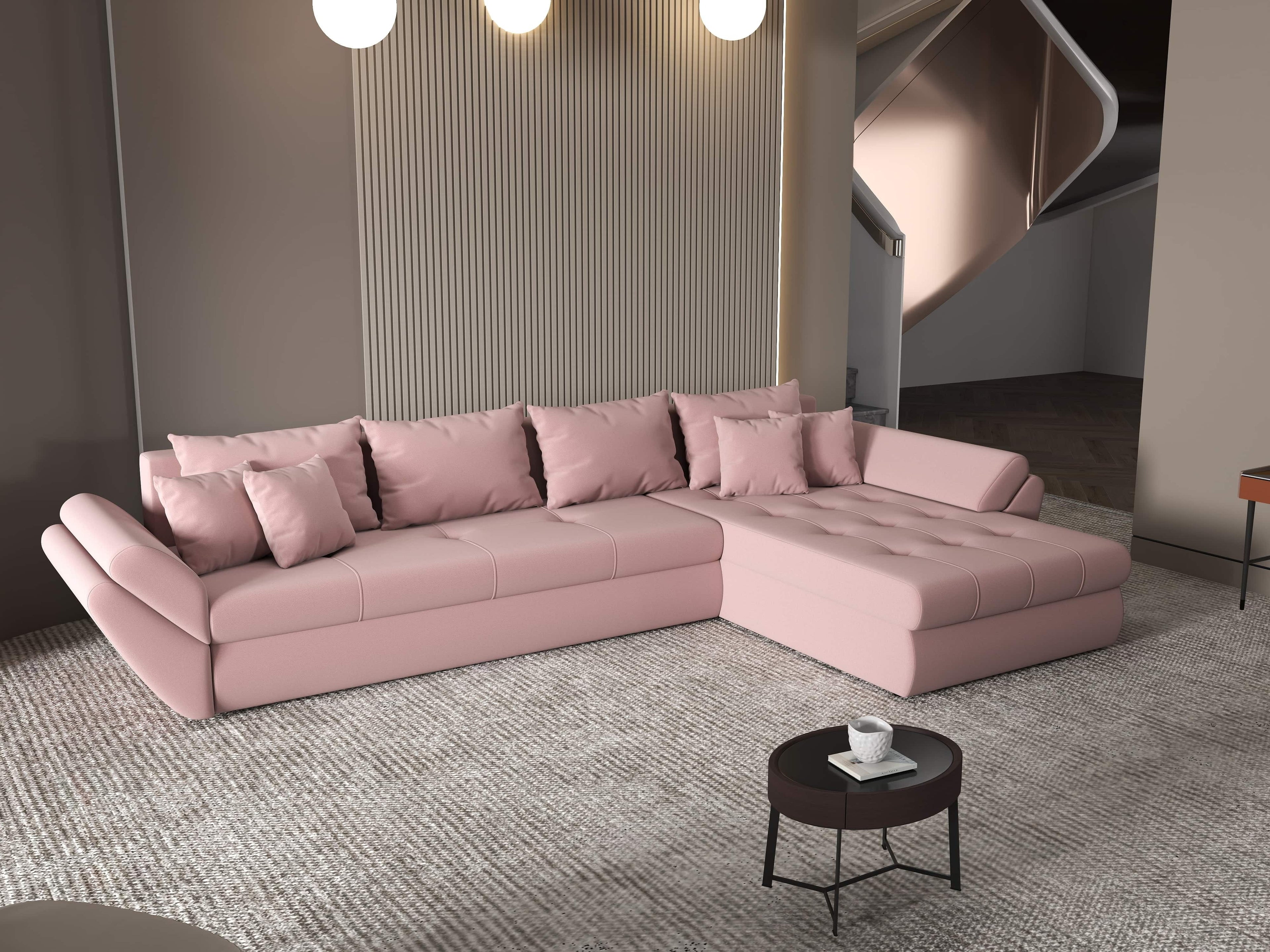 Colțar extensibil dumonde cu ladă de depozitare si sezut confortabil din spuma high-density, Loana XL Royal Roz II 335x185 cm