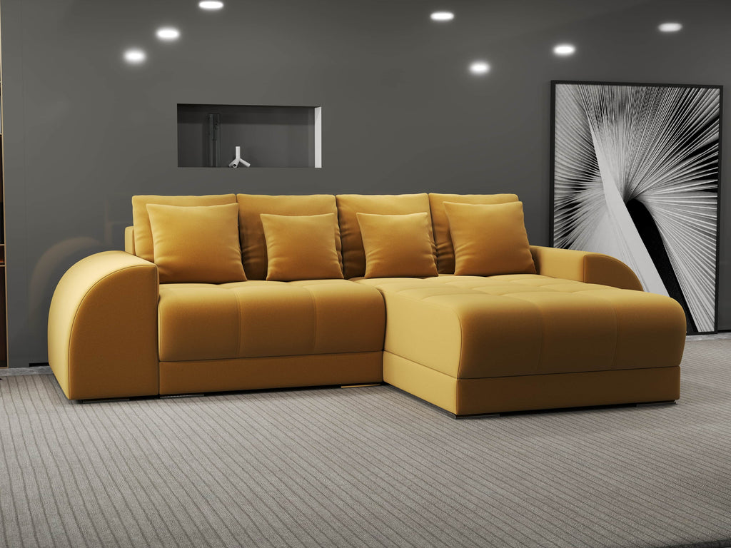 Colțar extensibil dumonde cu ladă de depozitare si sezut confortabil din spuma high-density, Verona Royal Mustar II 290x185 cm