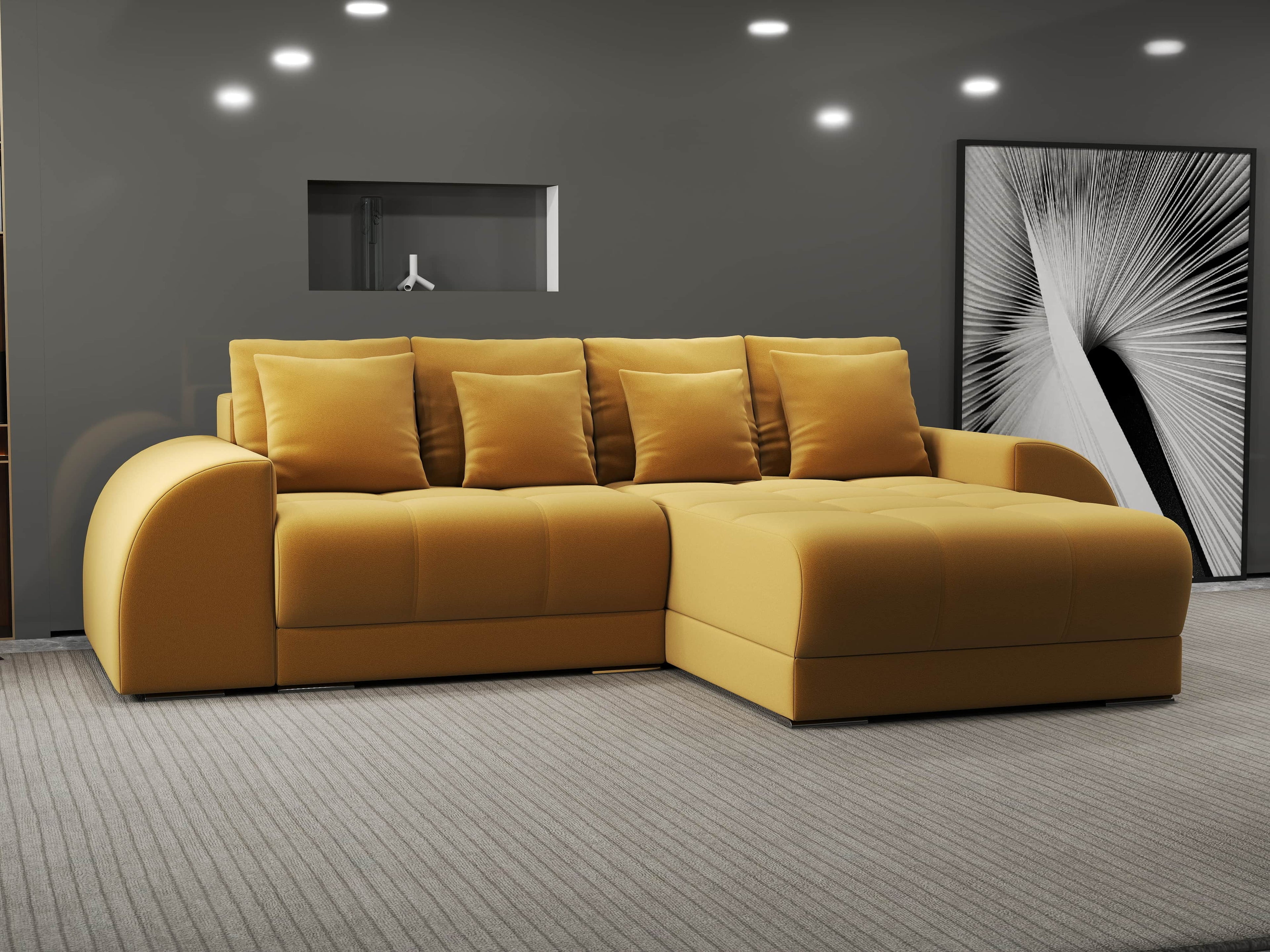 Colțar extensibil dumonde cu ladă de depozitare si sezut confortabil din spuma high-density, Verona Royal Mustar II 290x185 cm