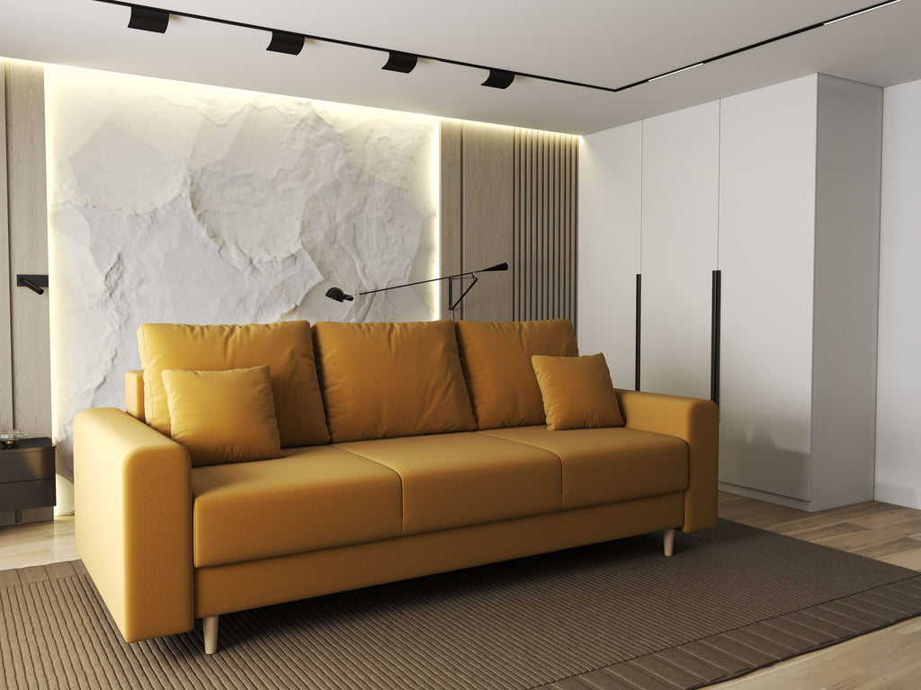Canapea extensibilă dumonde cu ladă de depozitare si sezut confortabil din spuma high-density, Kronos Royal Mustar 210x100 cm