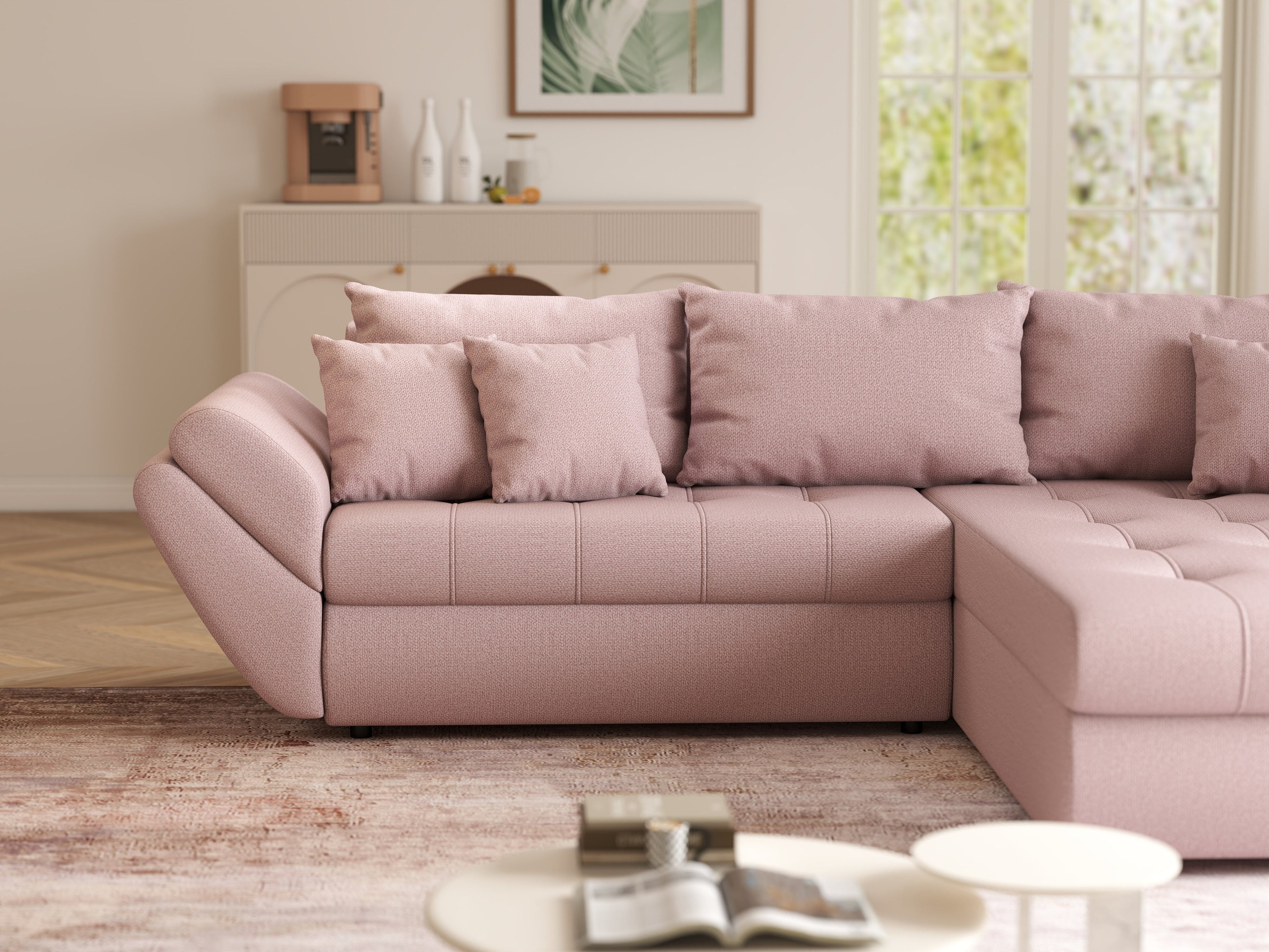 Colțar extensibil dumonde cu ladă de depozitare si sezut confortabil din spuma high-density, Loana Enjoy Flamingo II 270x185 cm