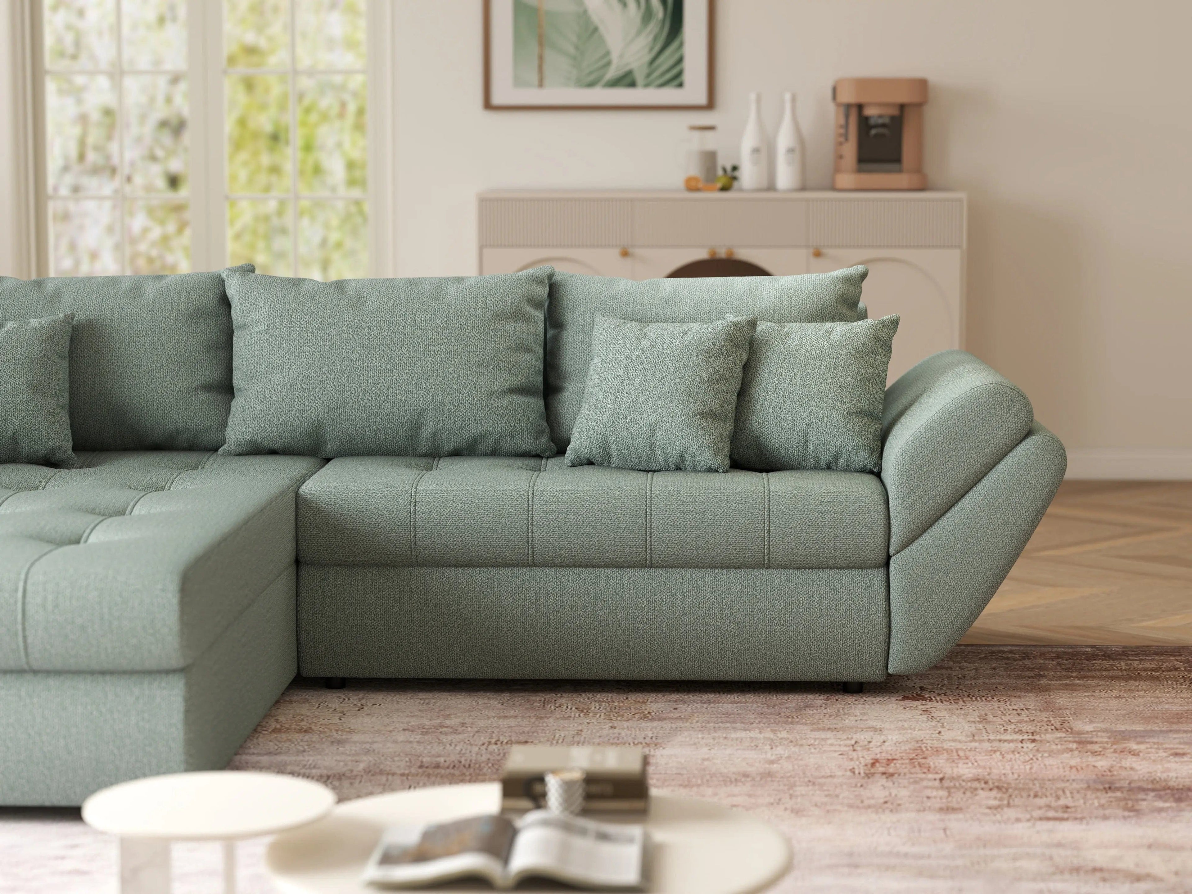 Colțar extensibil dumonde cu ladă de depozitare si sezut confortabil din spuma high-density, Loana Enjoy Mint 270x185 cm