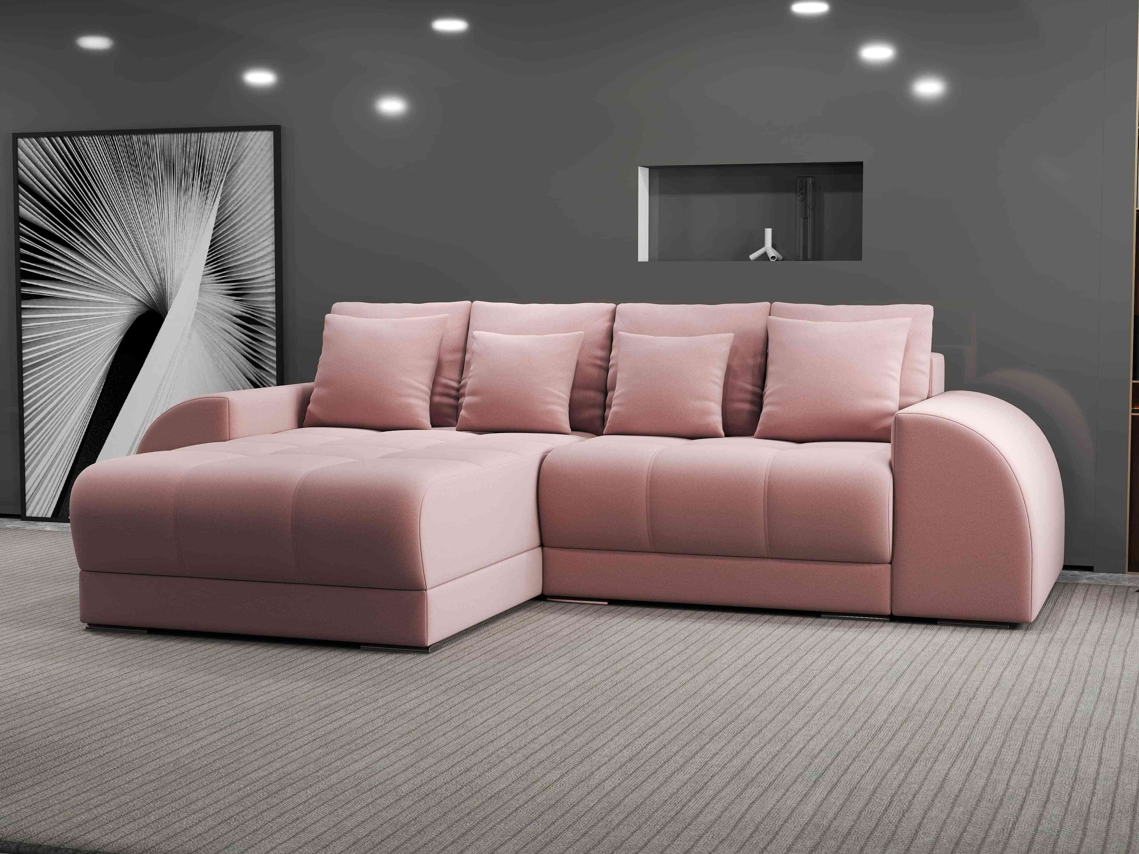 Colțar extensibil dumonde cu ladă de depozitare si sezut confortabil din spuma high-density, Verona Royal Roz 290x185 cm