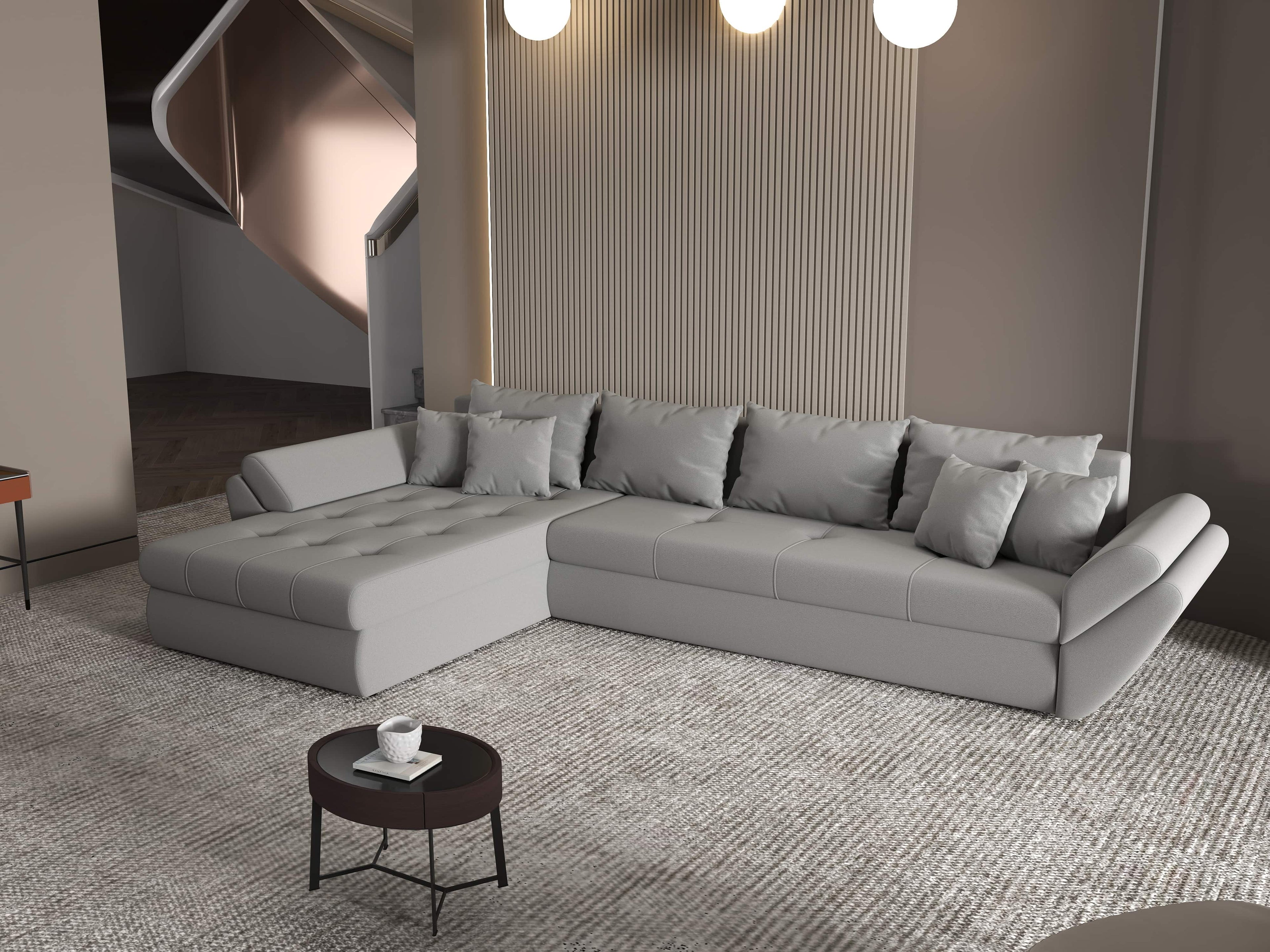 Colțar extensibil dumonde cu ladă de depozitare si sezut confortabil din spuma high-density, Loana XL Royal Gri 335x185 cm