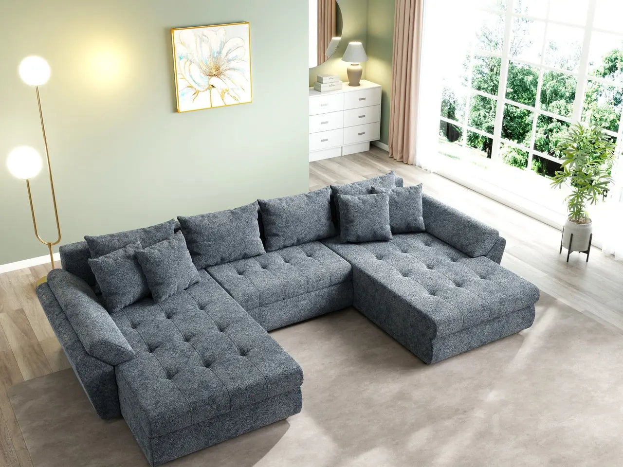 Colțar extensibil dumonde cu ladă de depozitare si sezut confortabil din spuma high-density, Loana U Euphoria Grafit 355x185 cm
