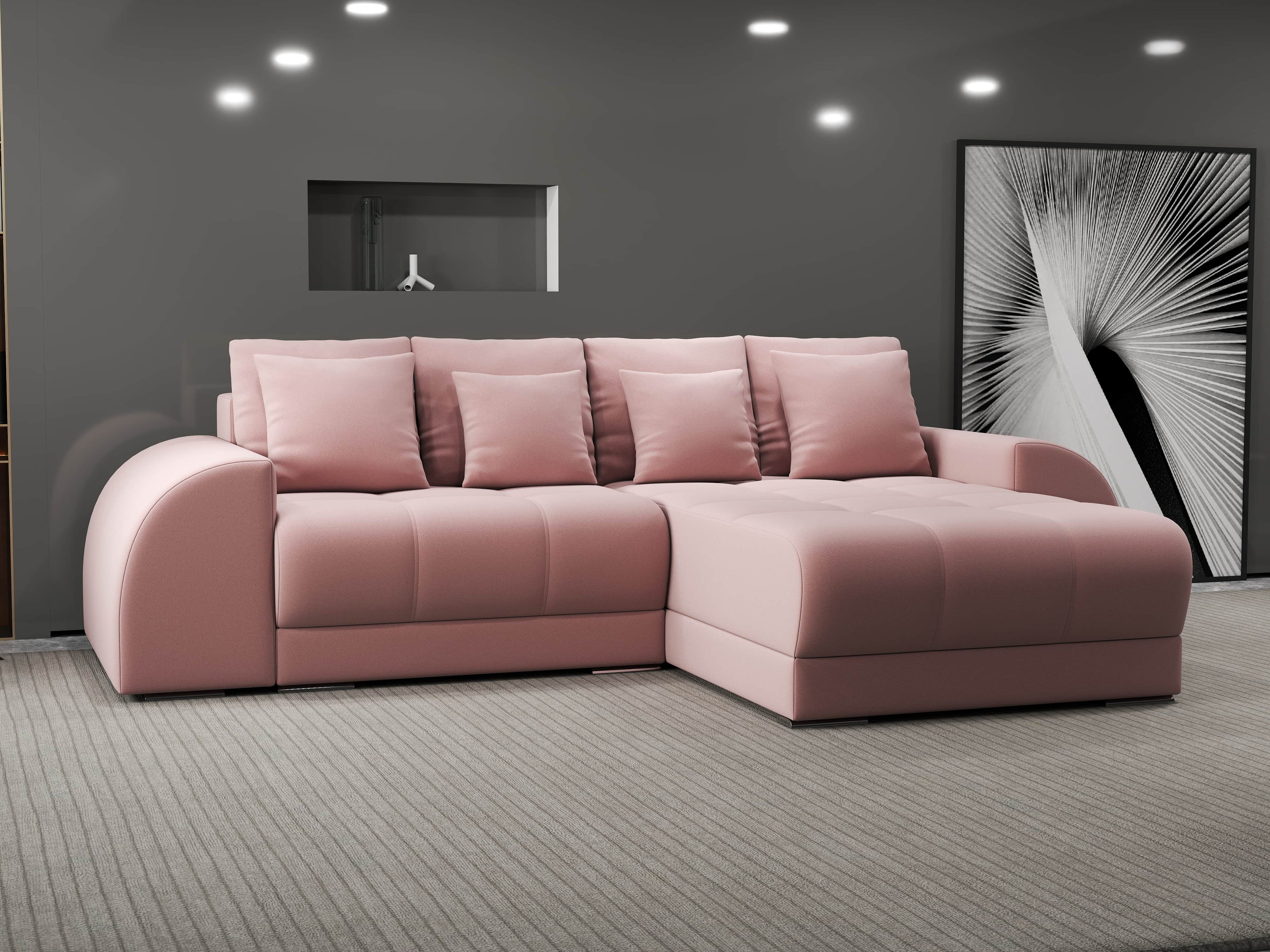 Colțar extensibil dumonde cu ladă de depozitare si sezut confortabil din spuma high-density, Verona Royal Roz II 290x185 cm