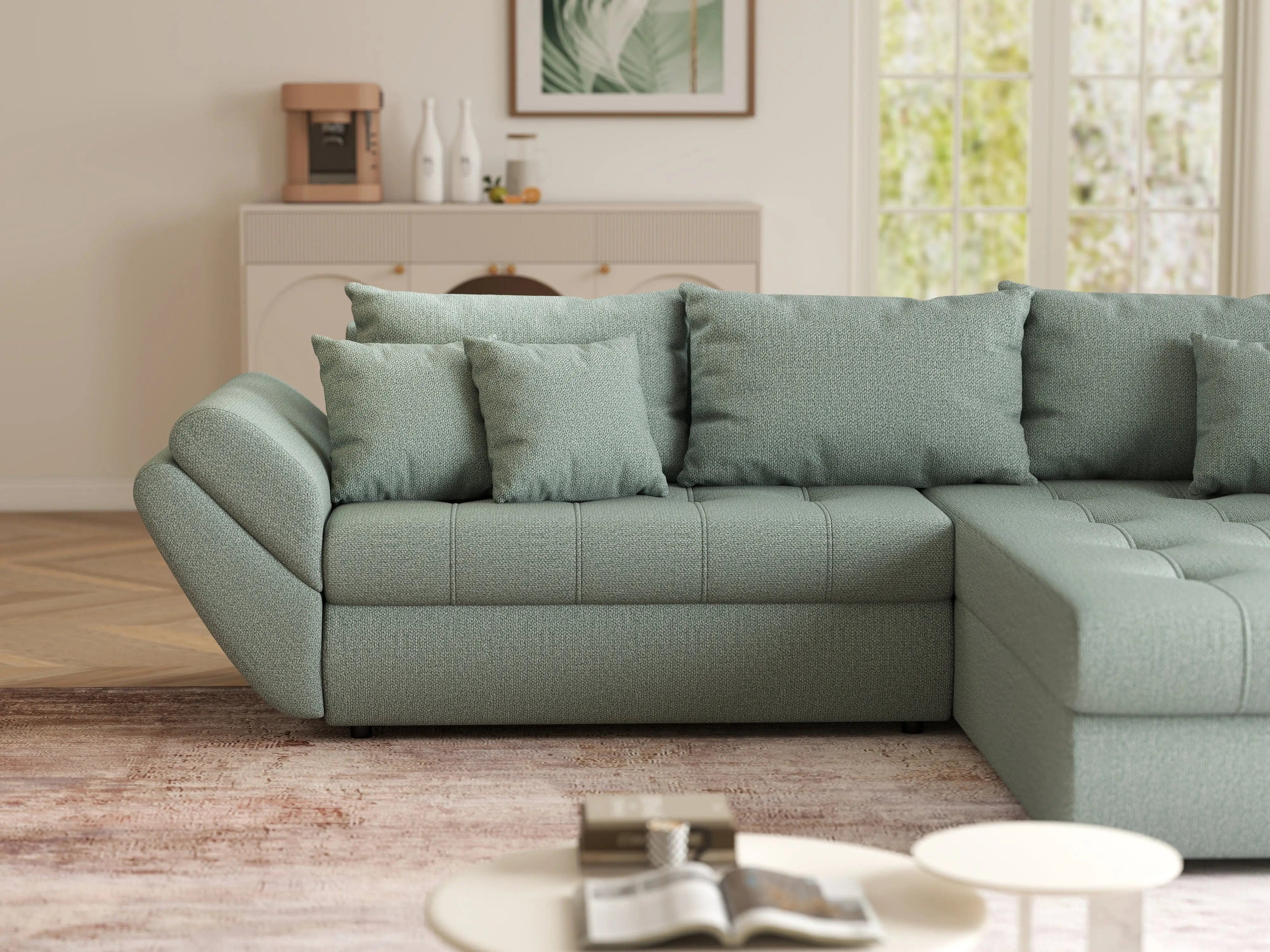 Colțar extensibil dumonde cu ladă de depozitare si sezut confortabil din spuma high-density, Loana Enjoy Mint II 270x185 cm