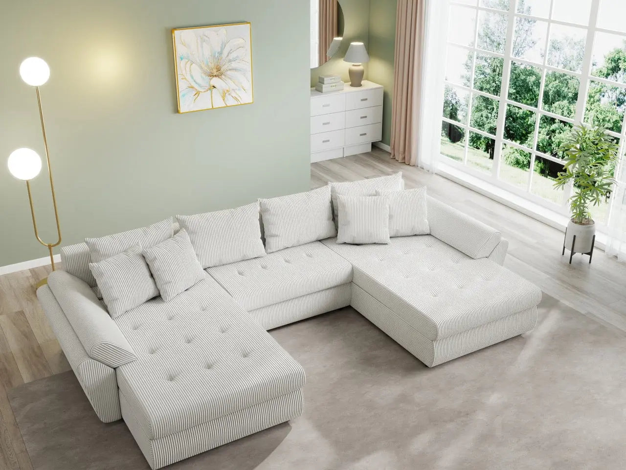 Colțar extensibil dumonde cu ladă de depozitare si sezut confortabil din spuma high-density, Loana U Zoom Cream 355x185 cm