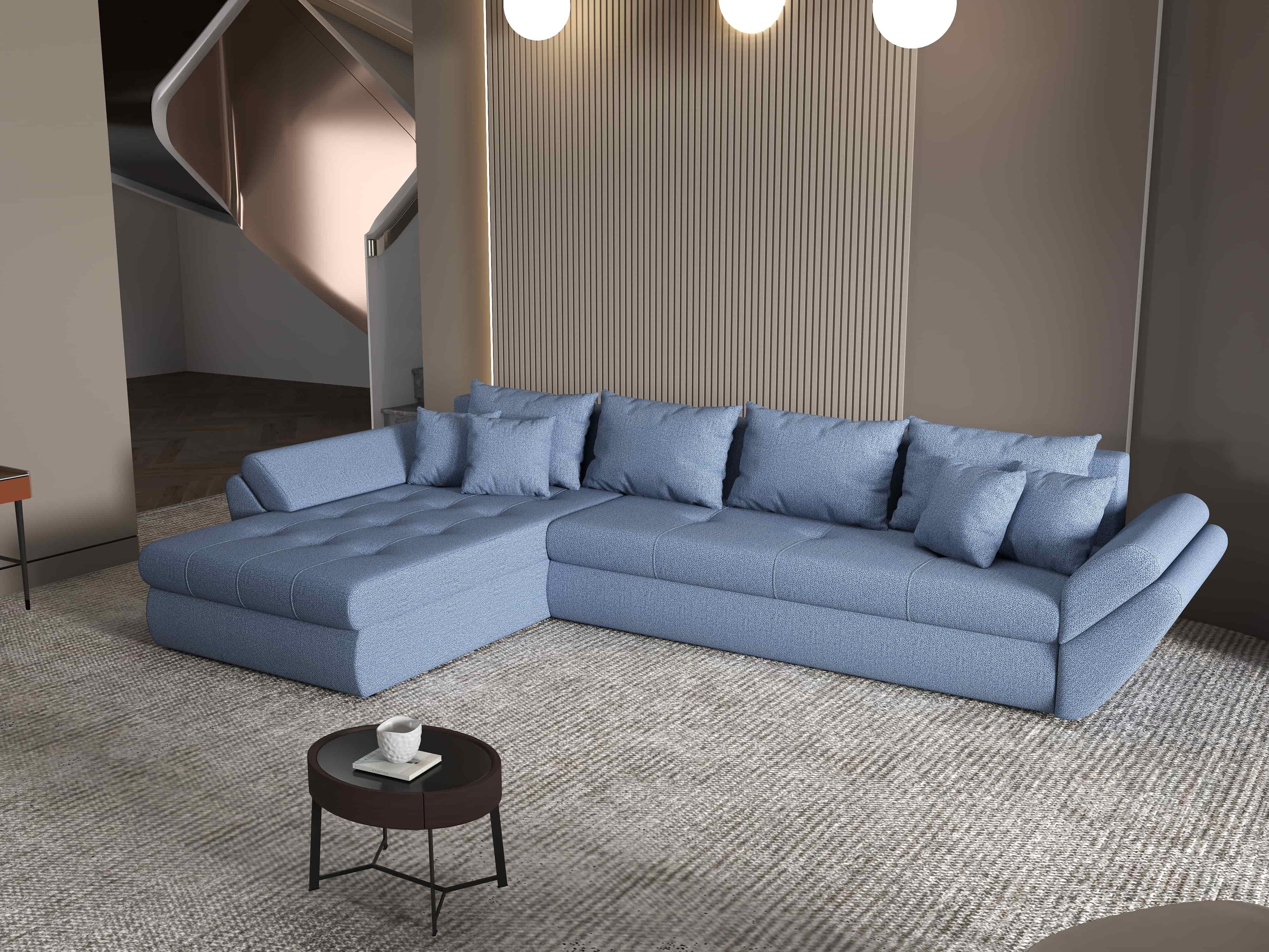 Colțar extensibil dumonde cu ladă de depozitare si sezut confortabil din spuma high-density, Loana XL Enjoy Albastru 335x185 cm