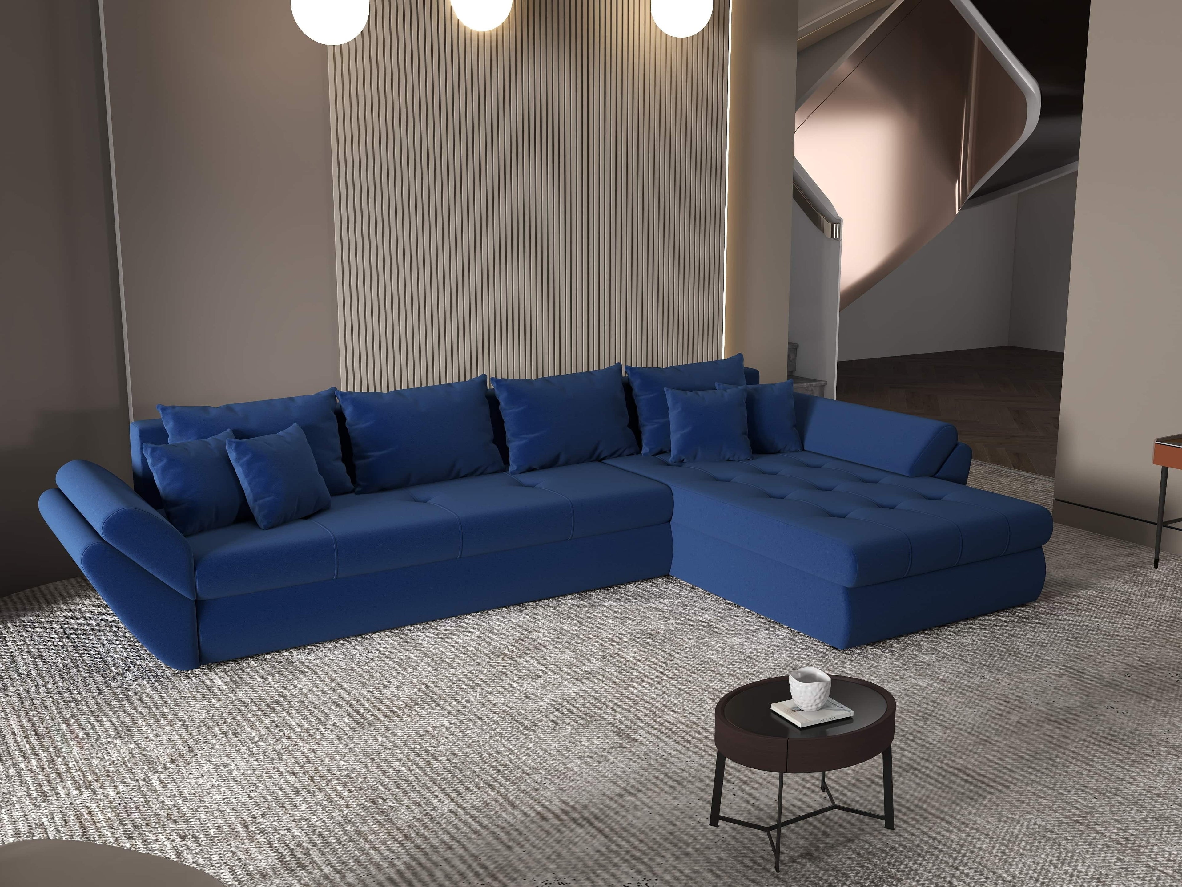 Colțar extensibil dumonde cu ladă de depozitare si sezut confortabil din spuma high-density, Loana XL Royal Albastru II 335x185 cm