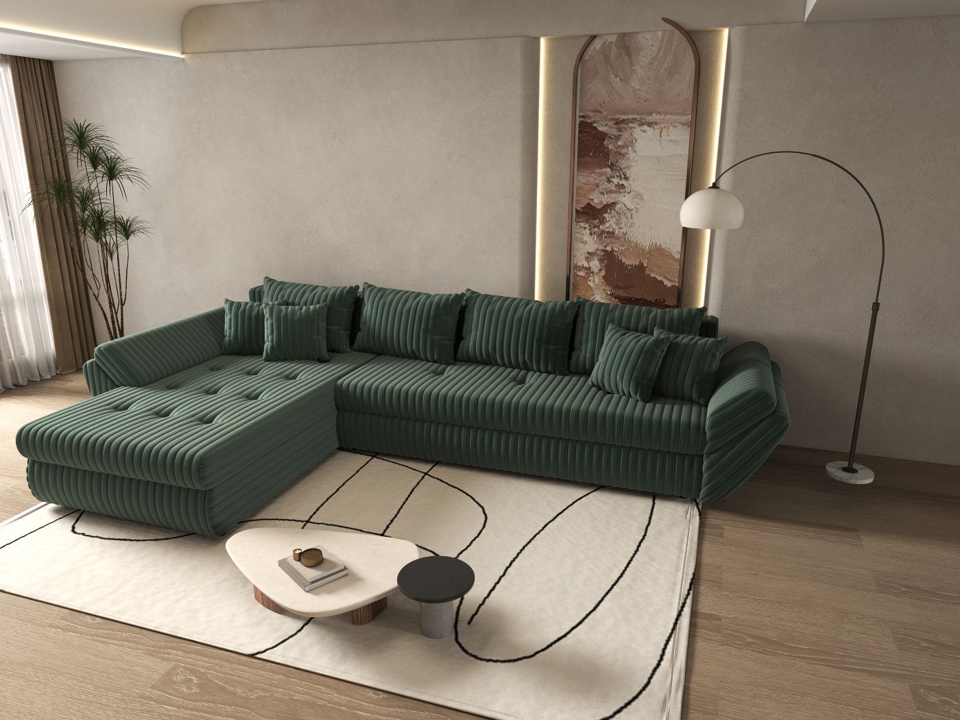 Colțar extensibil dumonde cu ladă de depozitare si sezut confortabil din spuma high-density, Loana XL Ambience Verde 335x185 cm