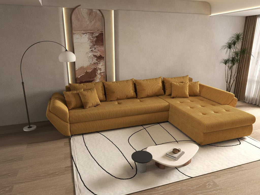 Colțar extensibil dumonde cu ladă de depozitare si sezut confortabil din spuma high-density, Loana XL Zoom Mustar II 335x185 cm