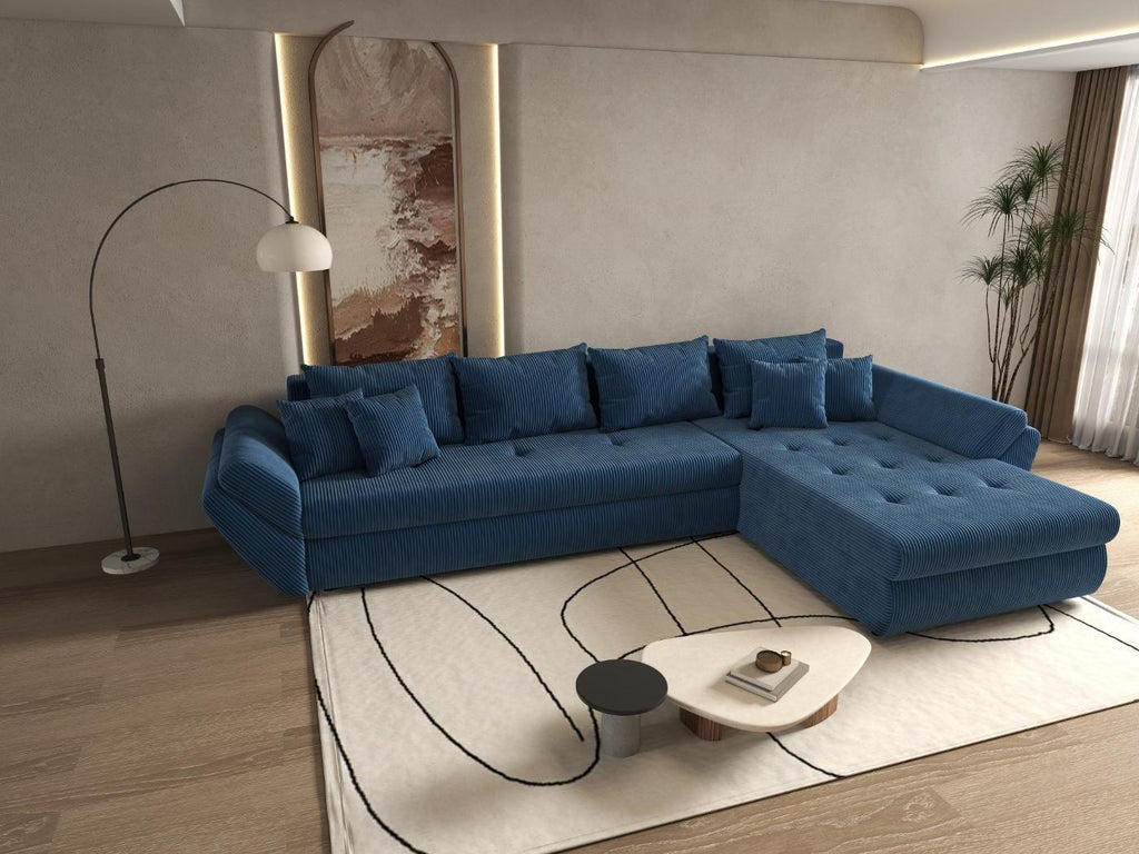 Colțar extensibil dumonde cu ladă de depozitare si sezut confortabil din spuma high-density, Loana XL Zoom Albastru II 335x185 cm