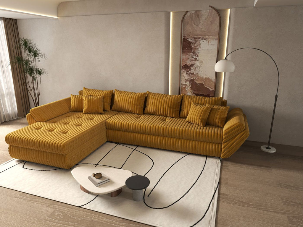 Colțar extensibil dumonde cu ladă de depozitare si sezut confortabil din spuma high-density, Loana XL Ambience Mustar 335x185 cm