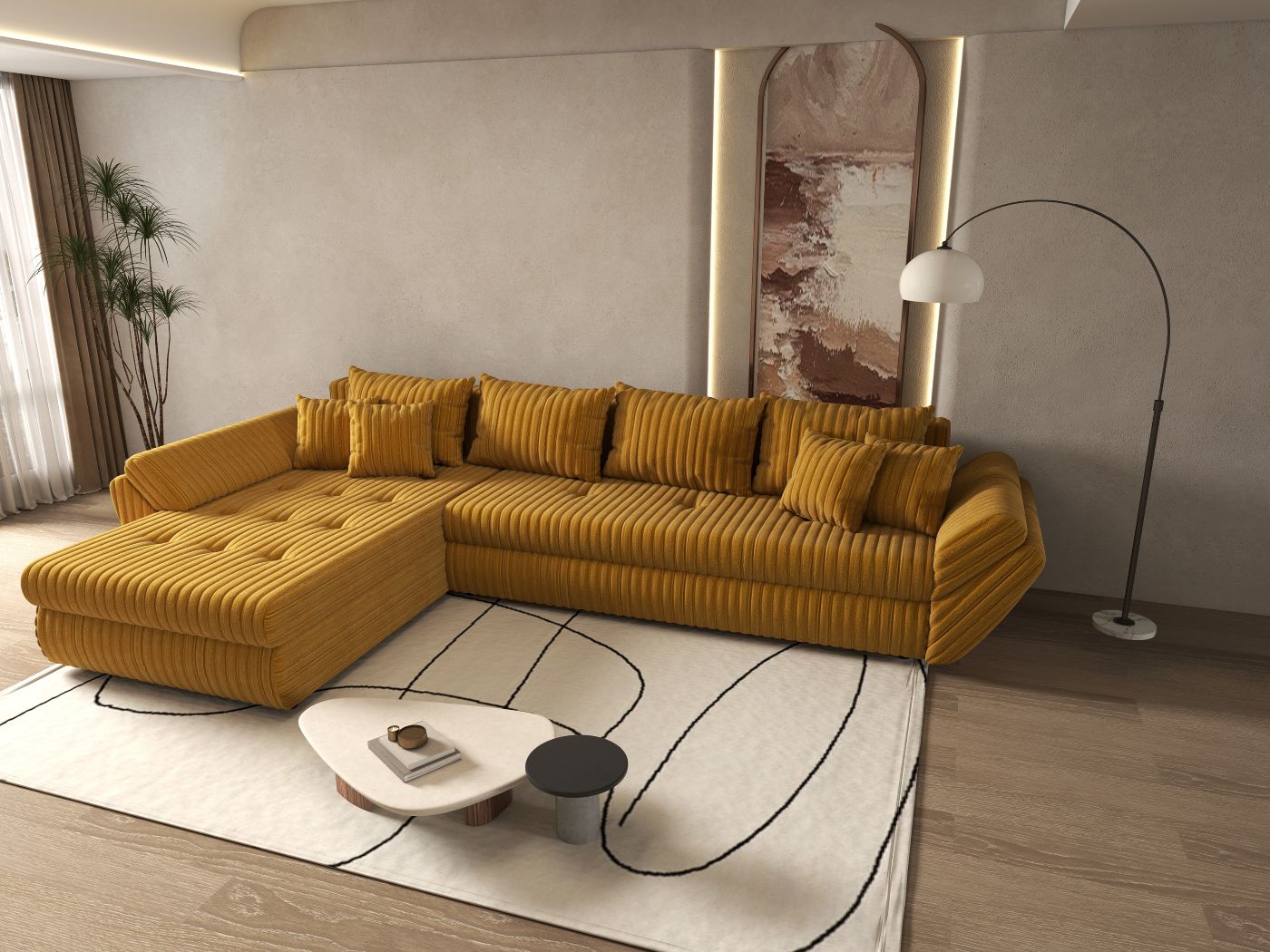Colțar extensibil dumonde cu ladă de depozitare si sezut confortabil din spuma high-density, Loana XL Ambience Mustar 335x185 cm