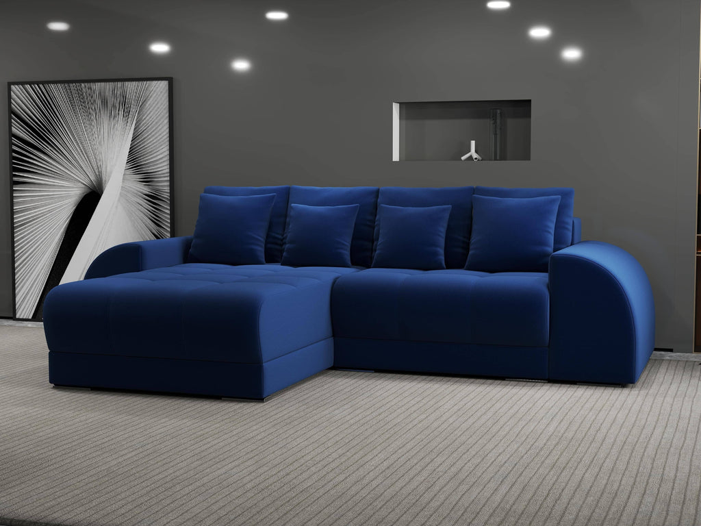 Colțar extensibil dumonde cu ladă de depozitare si sezut confortabil din spuma high-density, Verona Royal Albastru 290x185 cm