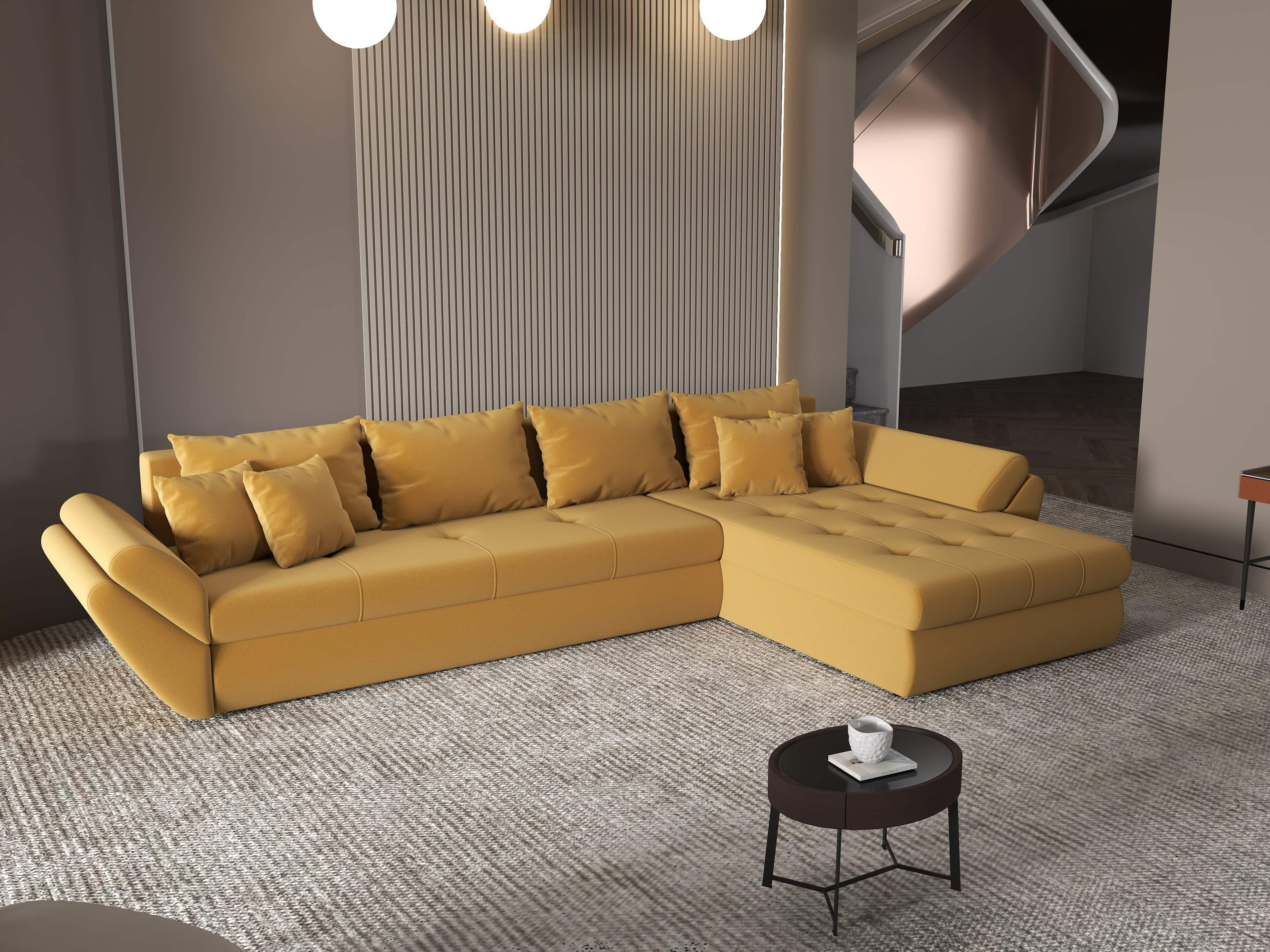 Colțar extensibil dumonde cu ladă de depozitare si sezut confortabil din spuma high-density, Loana XL Royal Mustar II 335x185 cm