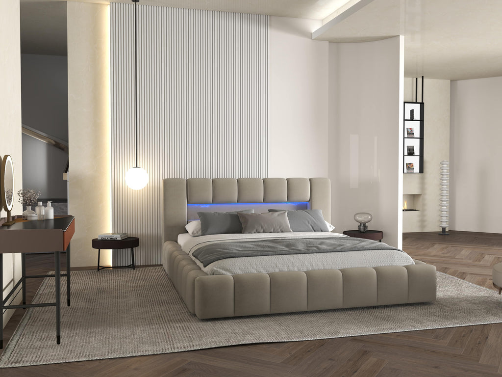 Pat dormitor dumonde, tapitat bej cu LED si USB, Palermo 180x200 cm, somiera rabatabila inclusa, spatiu depozitare