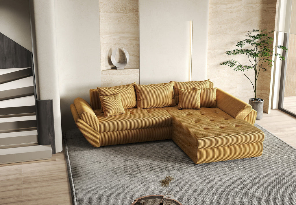 Colțar extensibil dumonde cu ladă de depozitare si sezut confortabil din spuma high-density, Loana Zoom Mustar II 270x185 cm