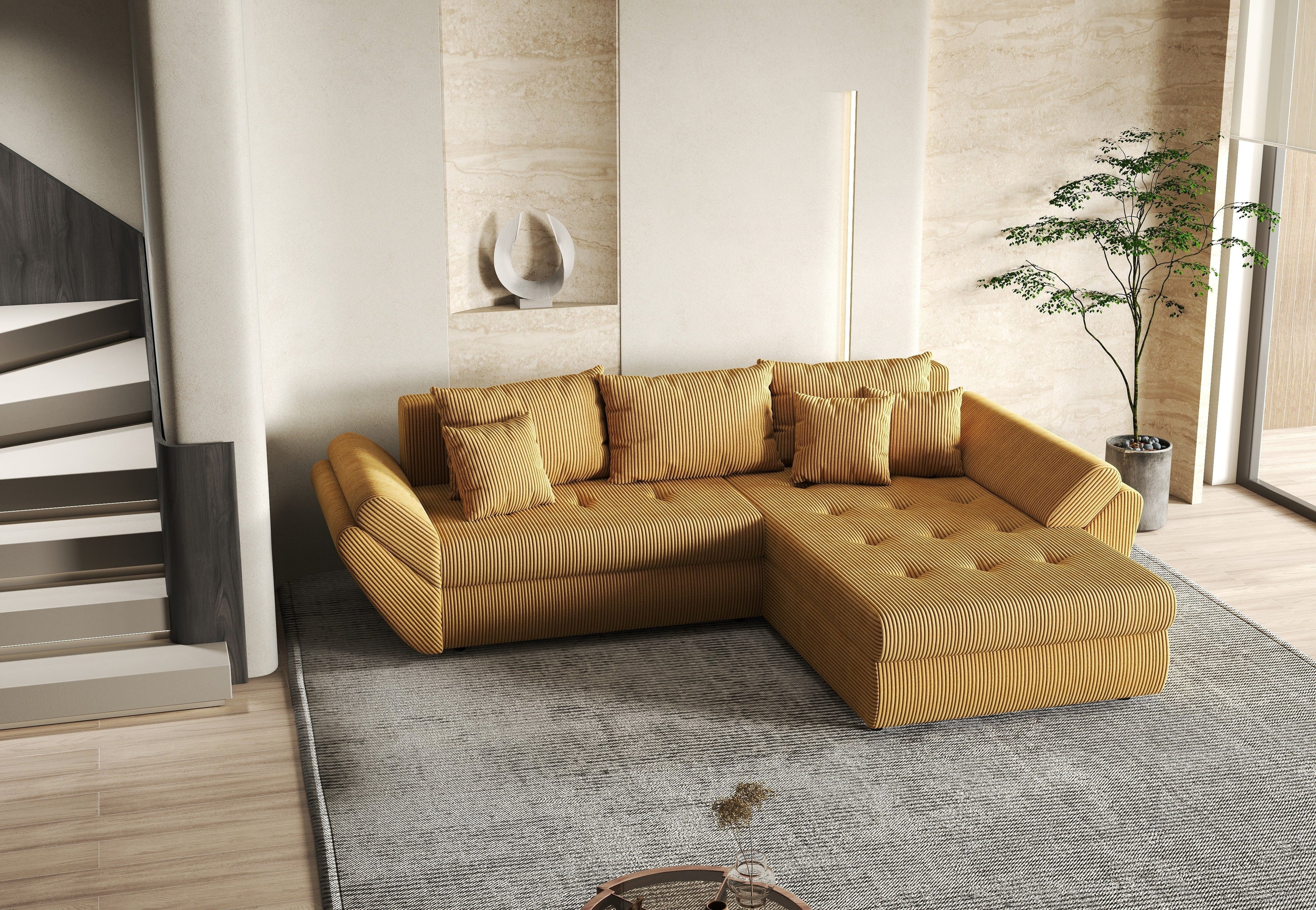 Colțar extensibil dumonde cu ladă de depozitare si sezut confortabil din spuma high-density, Loana Zoom Mustar II 270x185 cm