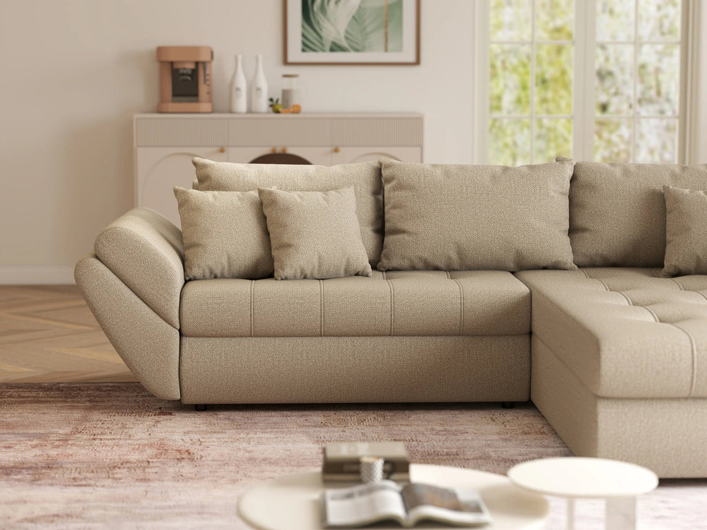 Colțar extensibil dumonde cu ladă de depozitare si sezut confortabil din spuma high-density, Loana Enjoy Camel 270x185 cm