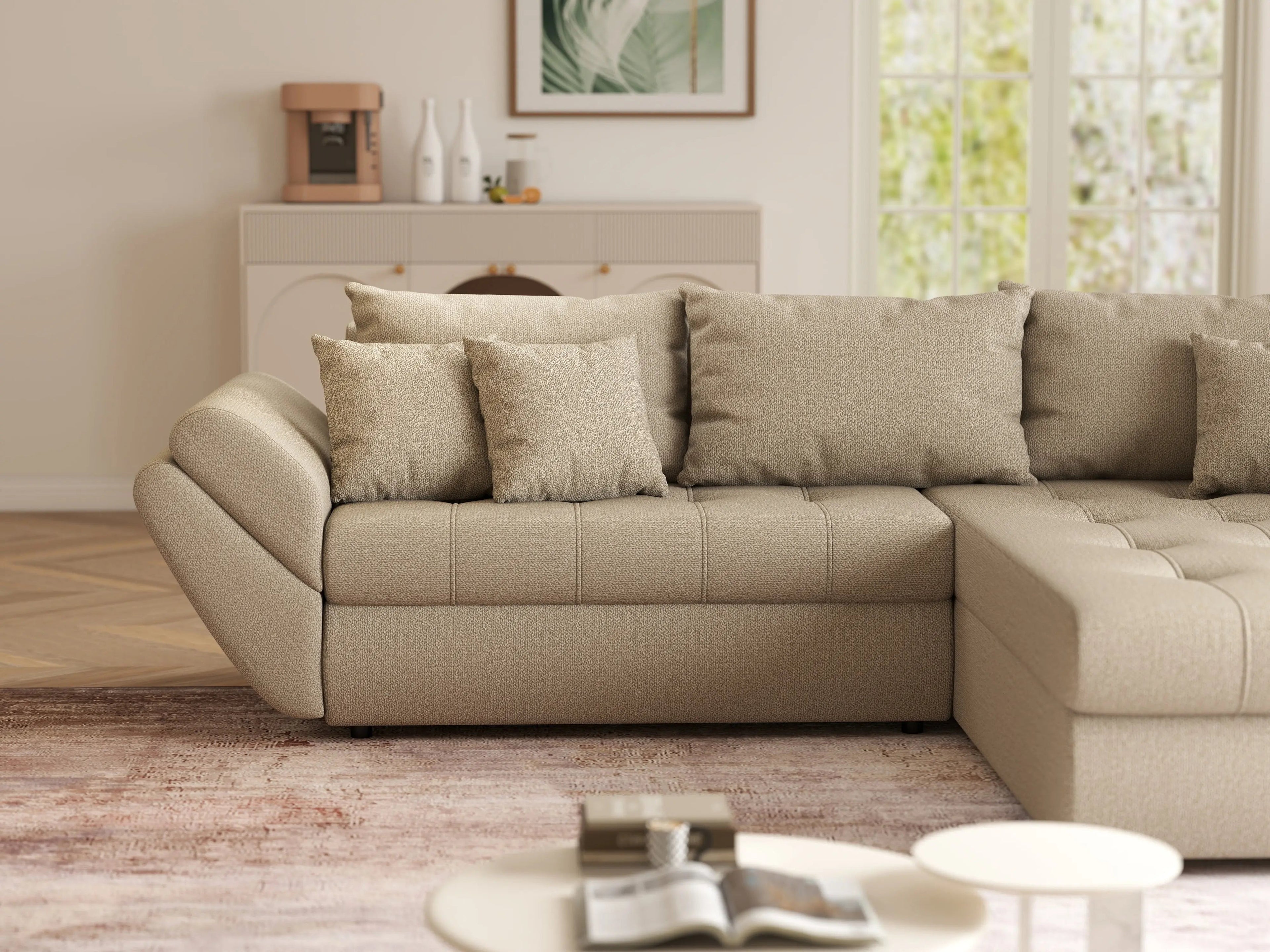Colțar extensibil dumonde cu ladă de depozitare si sezut confortabil din spuma high-density, Loana Enjoy Camel 270x185 cm