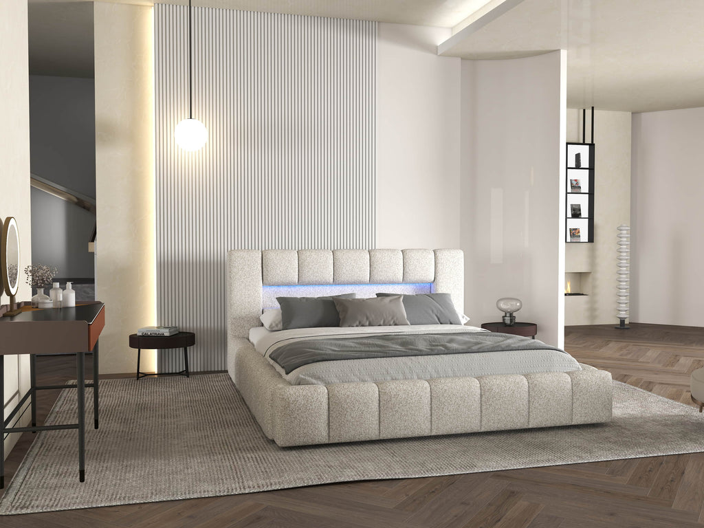 Pat dormitor dumonde, tapitat alb cu LED si USB, Palermo 180x200 cm, somiera rabatabila inclusa, spatiu depozitare