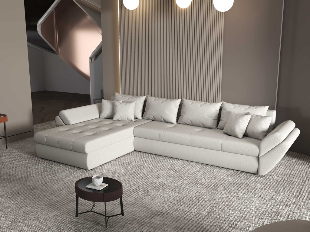 Colțar extensibil dumonde cu ladă de depozitare si sezut confortabil din spuma high-density, Loana XL Enjoy Beige 335x185 cm
