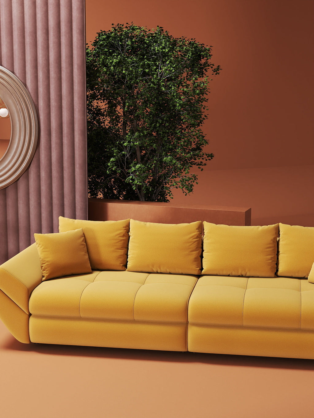 Canapea extensibilă dumonde cu ladă de depozitare si sezut confortabil din spuma high-density, Loana Royal Mustar 300x100 cm