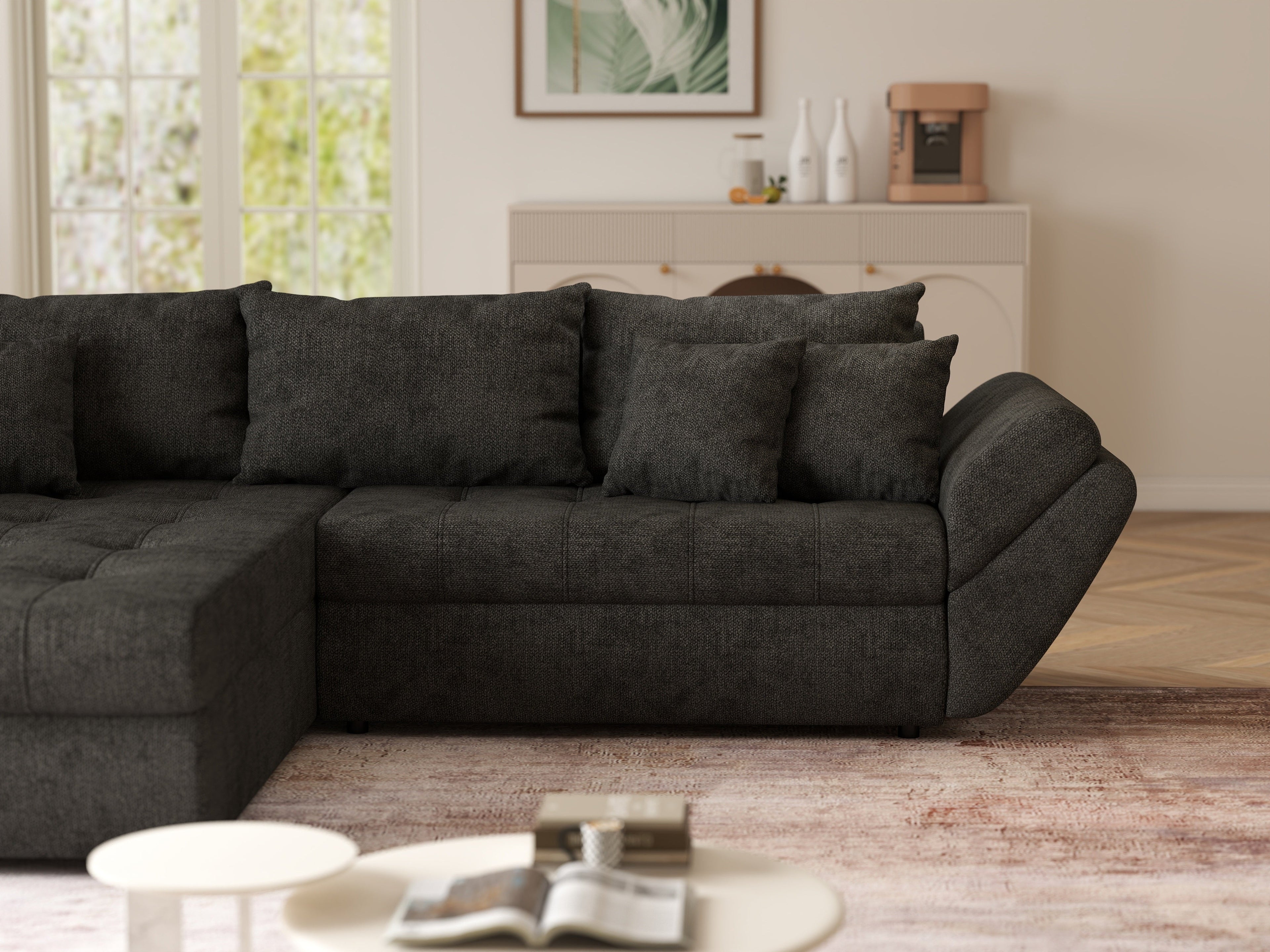 Colțar extensibil dumonde cu ladă de depozitare si sezut confortabil din spuma high-density, Loana Enjoy Black II 270x185 cm