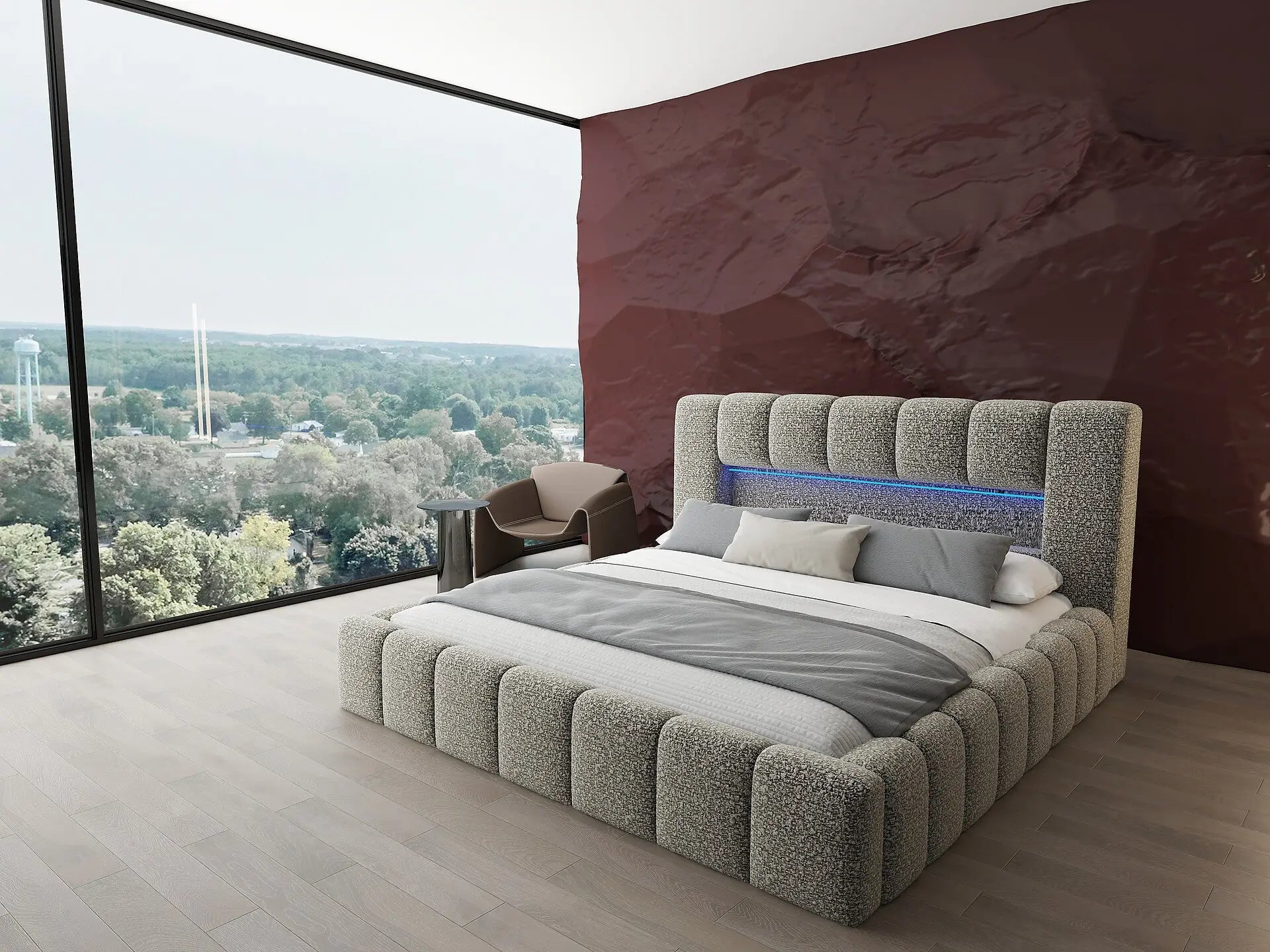 Pat dormitor dumonde, tapitat bej cu LED si USB, Palermo 160x200 cm, somiera rabatabila inclusa, spatiu depozitare