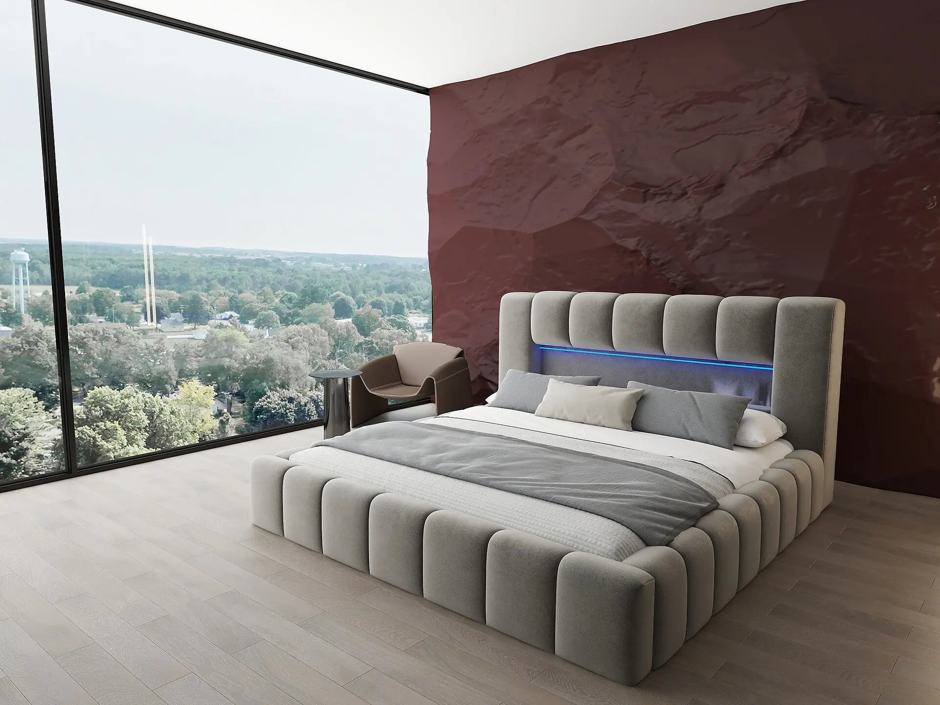 Pat dormitor dumonde, tapitat bej cu LED si USB, Palermo 180x200 cm, somiera rabatabila inclusa, spatiu depozitare