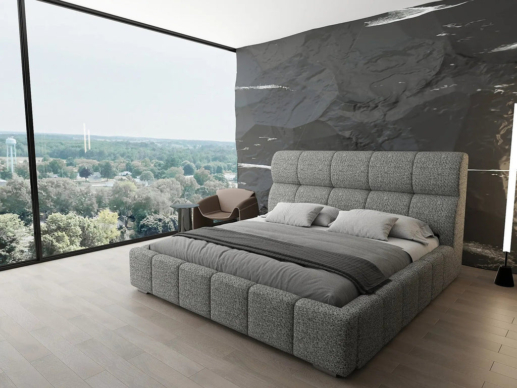 Pat dormitor dumonde, tapitat grey, Prestige 180x200 cm, somiera rabatabila inclusa, spatiu depozitare
