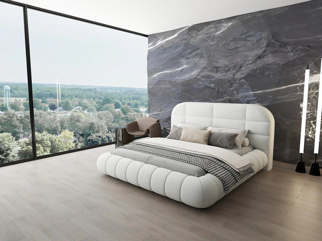Pat dormitor dumonde, tapitat alb, Senso 160x200 cm, somiera rabatabila inclusa, spatiu depozitare