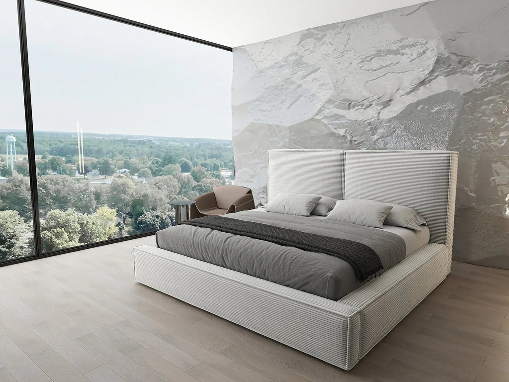 Pat dormitor dumonde, tapitat bej, Dreamer 160x200 cm, somiera rabatabila inclusa, spatiu depozitare