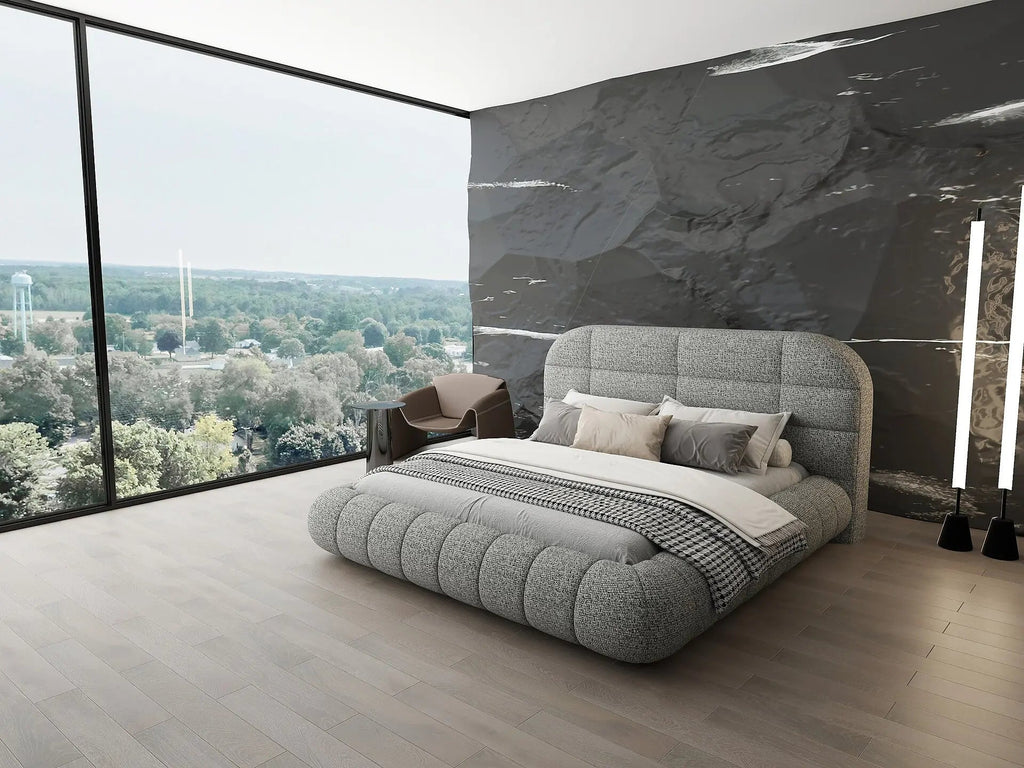 Pat dormitor dumonde, tapitat gri, Senso 180x200 cm, somiera rabatabila inclusa, spatiu depozitare