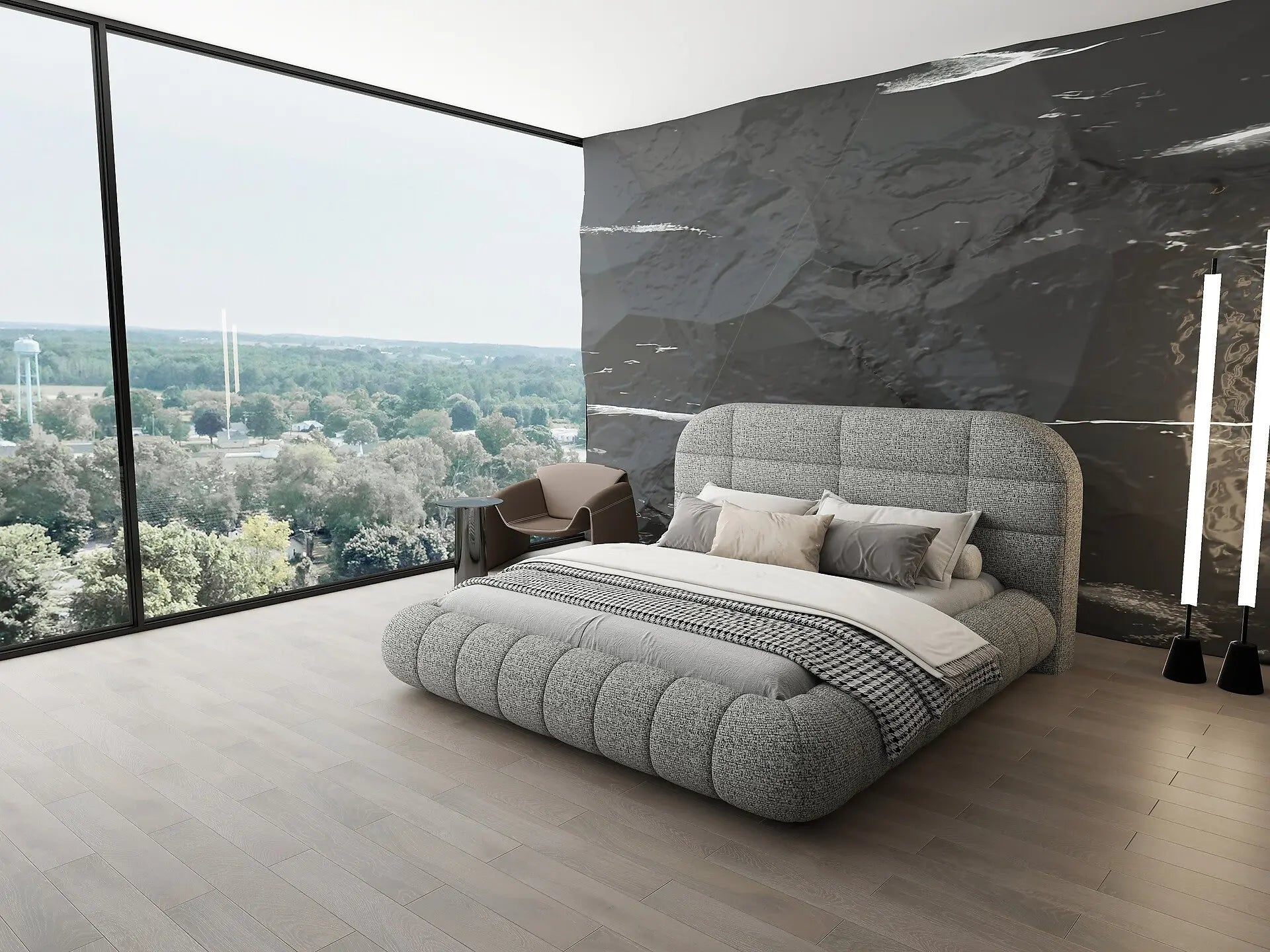 Pat dormitor dumonde, tapitat gri, Senso 180x200 cm, somiera rabatabila inclusa, spatiu depozitare