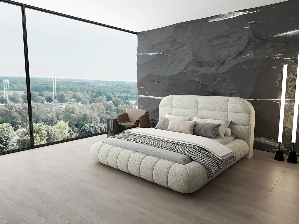 Pat dormitor dumonde, tapitat bej, Senso 180x200 cm, somiera rabatabila inclusa, spatiu depozitare