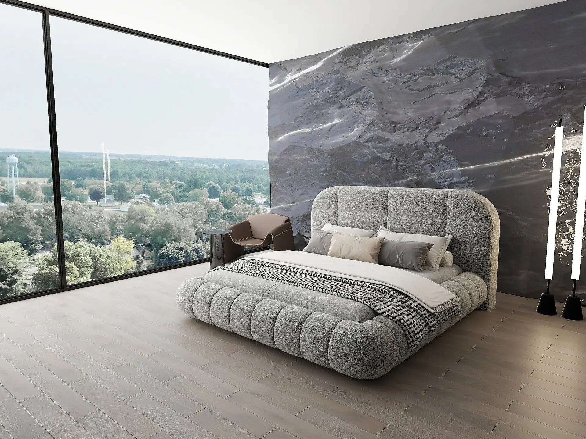 Pat dormitor dumonde, tapitat gri, Senso 160x200 cm, somiera rabatabila inclusa, spatiu depozitare