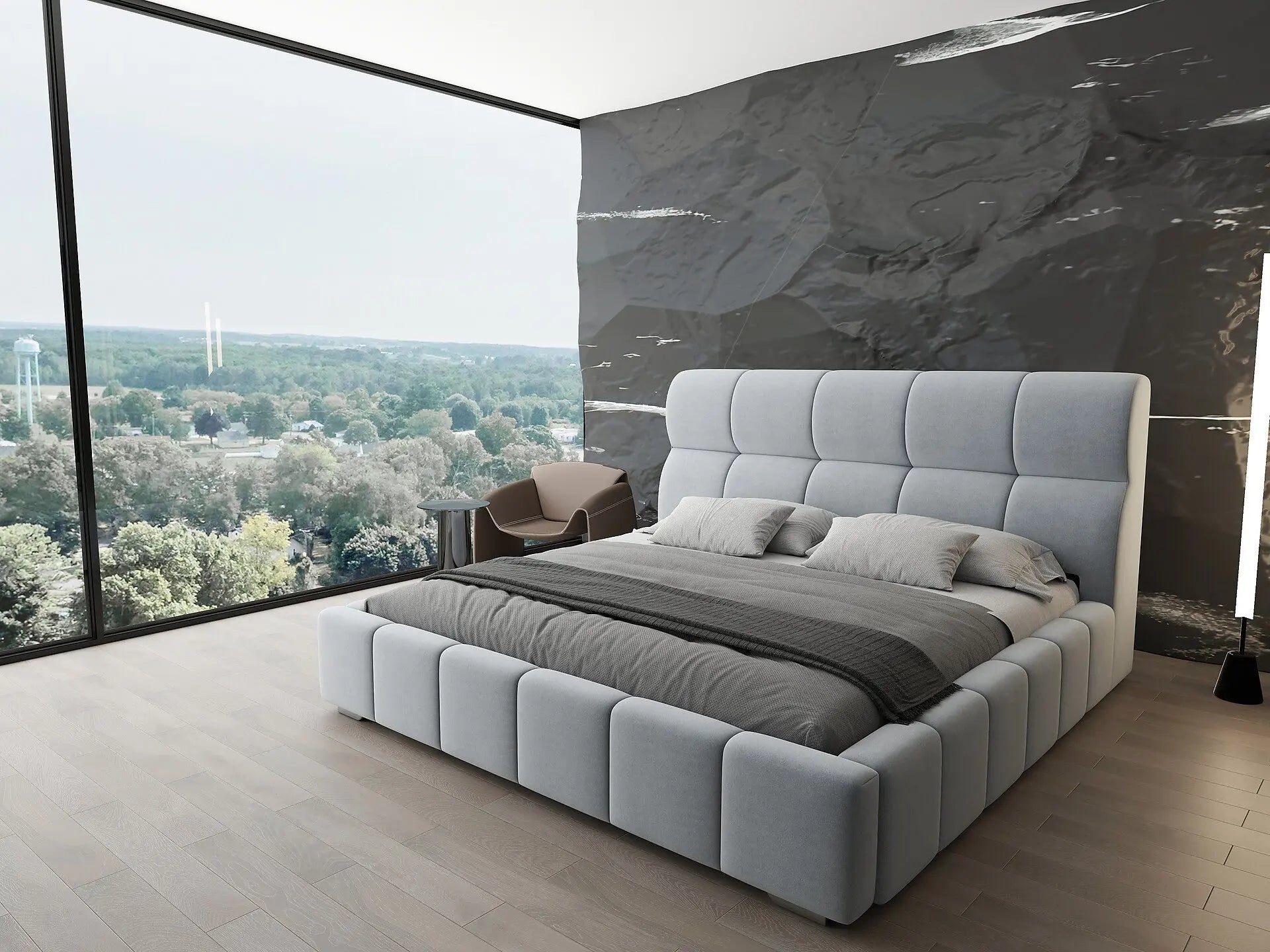 Pat dormitor dumonde, tapitat gri, Prestige 160x200 cm, somiera rabatabila inclusa, spatiu depozitare