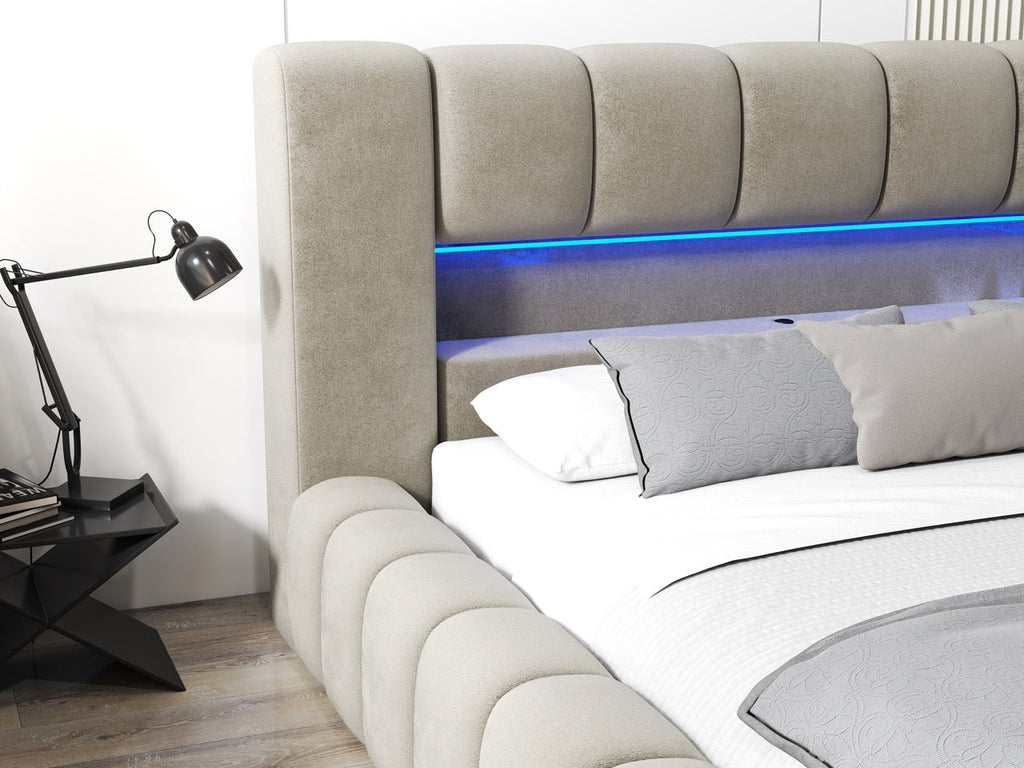 Pat dormitor dumonde, tapitat bej cu LED si USB, Palermo 160x200 cm, somiera rabatabila inclusa, spatiu depozitare