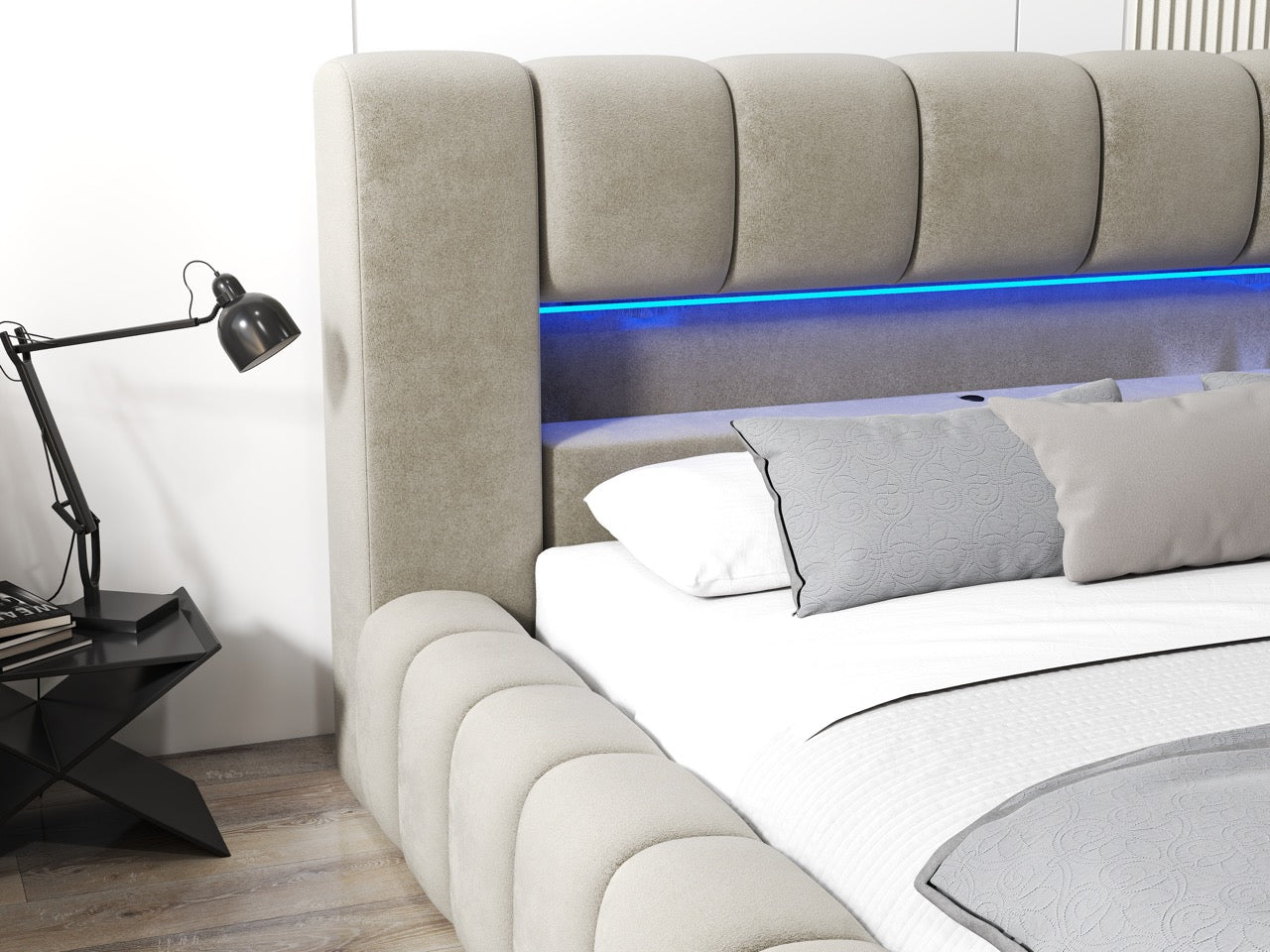 Pat dormitor dumonde, tapitat bej cu LED si USB, Palermo 160x200 cm, somiera rabatabila inclusa, spatiu depozitare