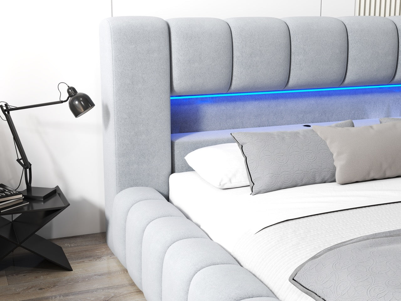 Pat dormitor dumonde, tapitat gri cu LED si USB, Palermo 160x200 cm, somiera rabatabila inclusa, spatiu depozitare