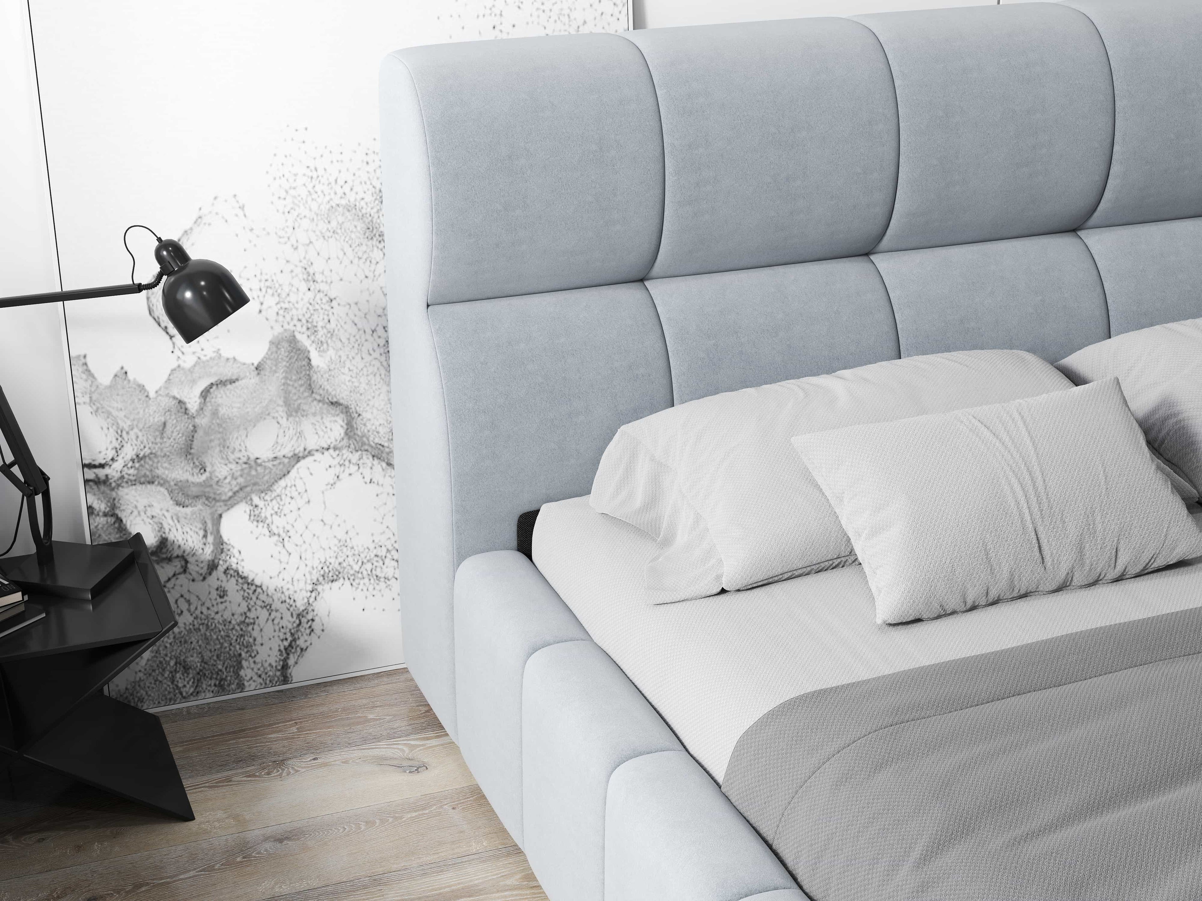 Pat dormitor dumonde, tapitat gri, Prestige 160x200 cm, somiera rabatabila inclusa, spatiu depozitare