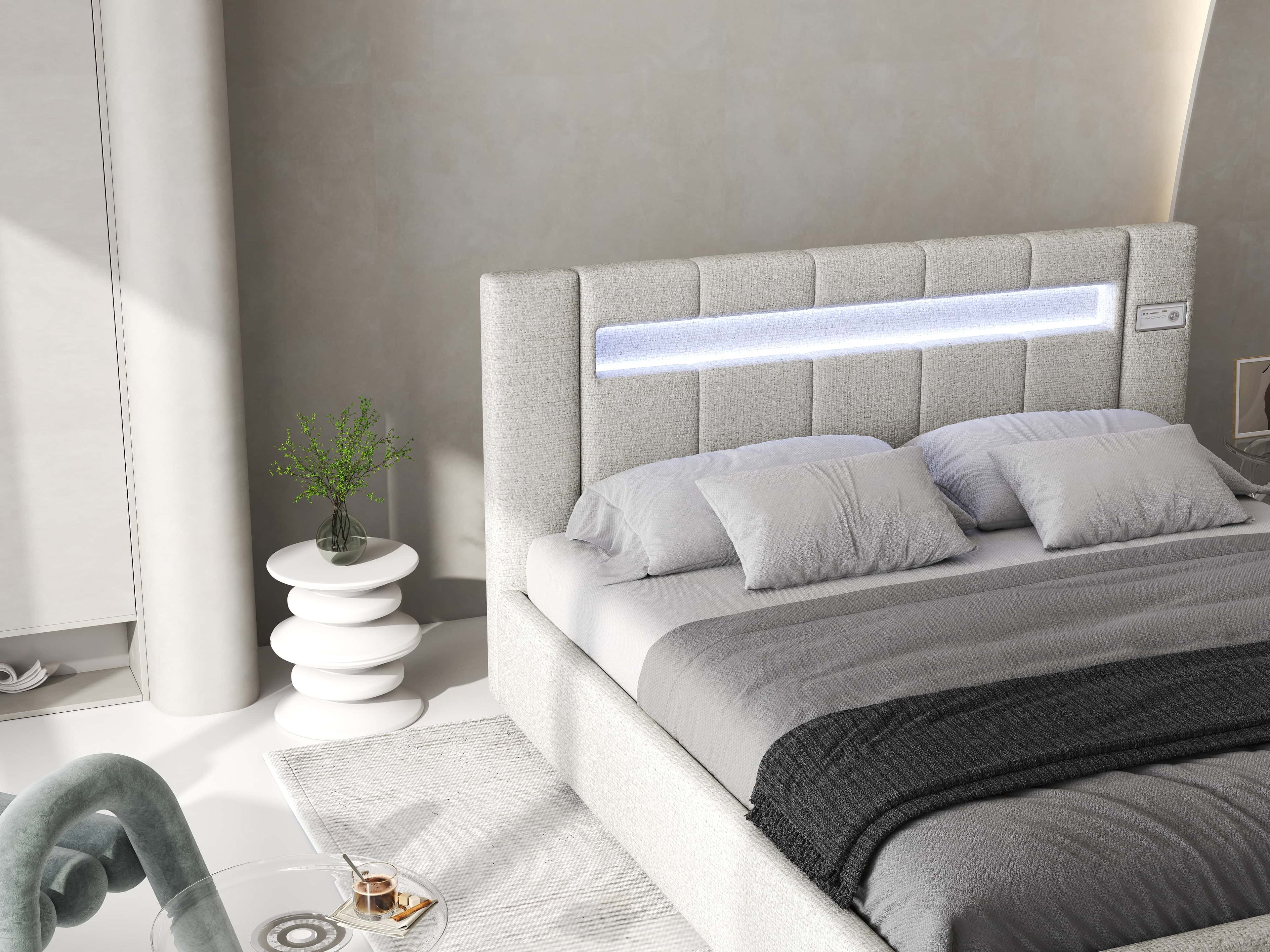 Pat dormitor dumonde, tapitat gri, Glow 160x200 cm, somiera rabatabila inclusa, spatiu depozitare