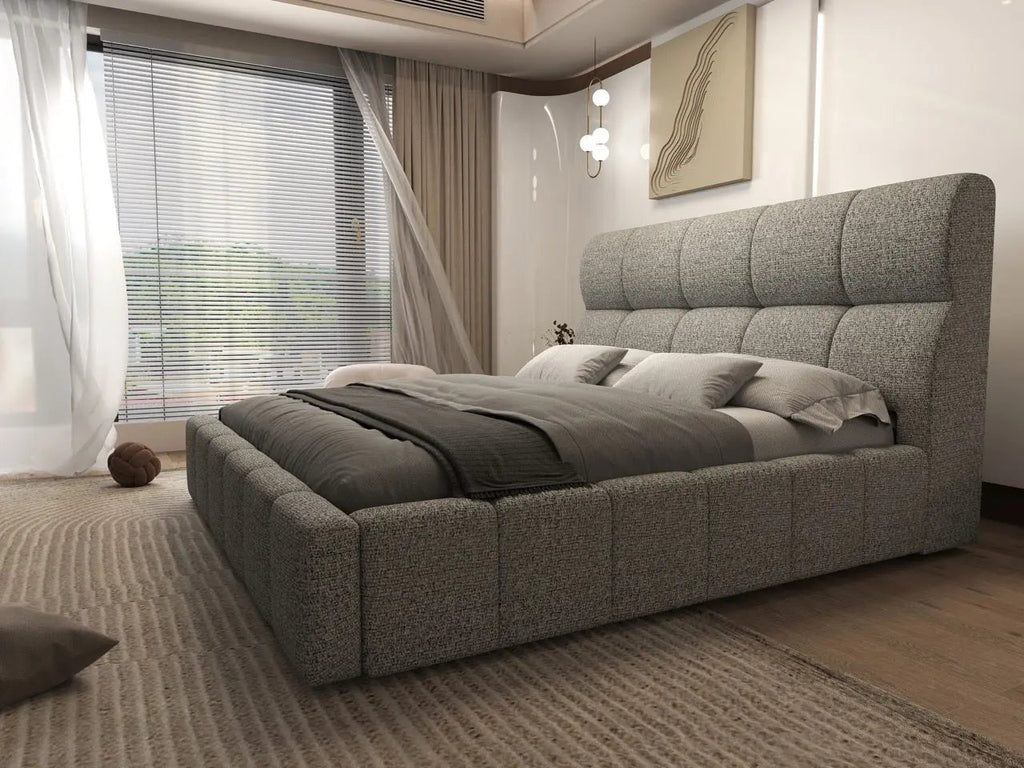 Pat dormitor dumonde, tapitat bej, Prestige 180x200 cm, somiera rabatabila inclusa, spatiu depozitare