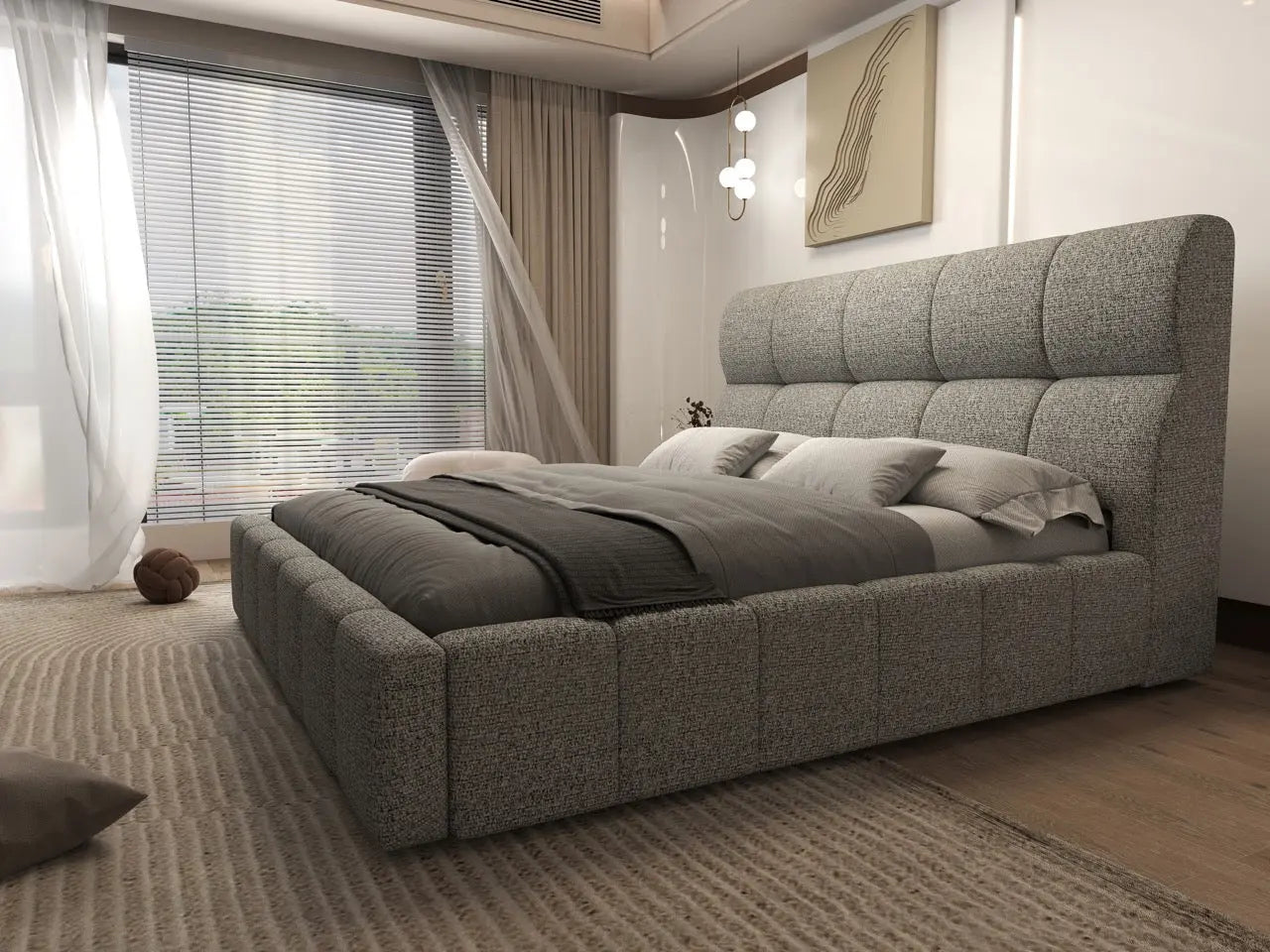 Pat dormitor dumonde, tapitat bej, Prestige 180x200 cm, somiera rabatabila inclusa, spatiu depozitare
