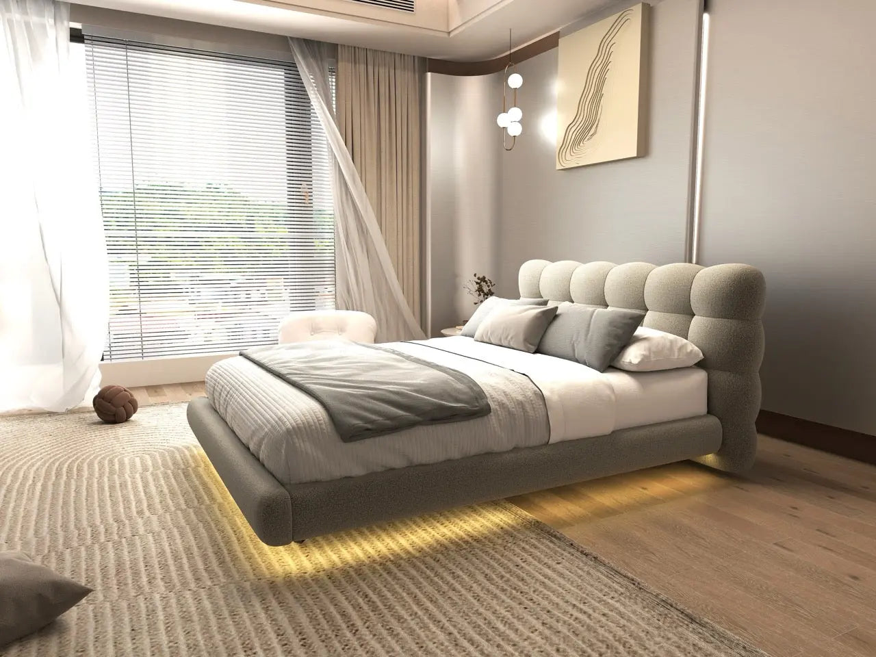 Pat dormitor dumonde, tapitat bej cu LED, "floating bed" Cloud 160x200 cm, somiera inclusa