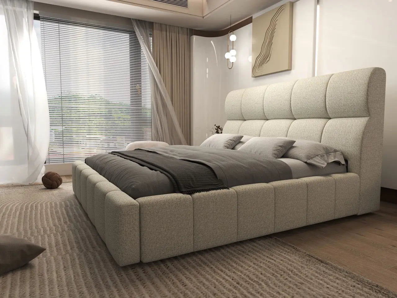 Pat dormitor dumonde, tapitat bej, Prestige 180x200 cm, somiera rabatabila inclusa, spatiu depozitare