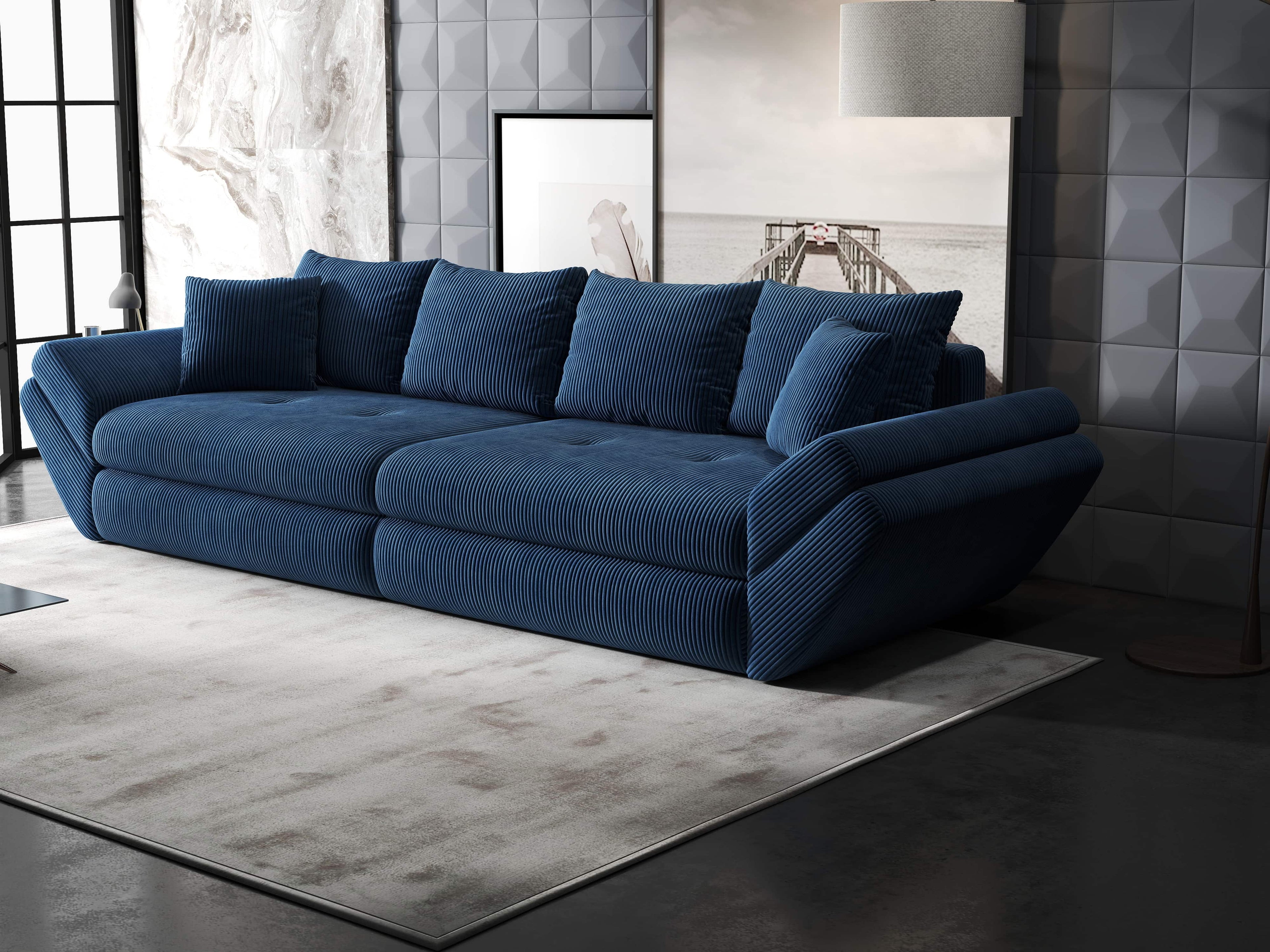 Canapea extensibilă dumonde cu ladă de depozitare si sezut confortabil din spuma high-density, Loana Zoom Albastru 300x100 cm